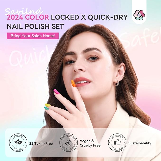 SAVILAND Nail Polish Set Air-Dry: 36 Colors Nail Polish Kit Red Pink Blue Glitter Regular Nails Polish with Base Top Coat Nail Lacquer Acrylic Nail Set for Beginner Home Salon DIY Gift Summer