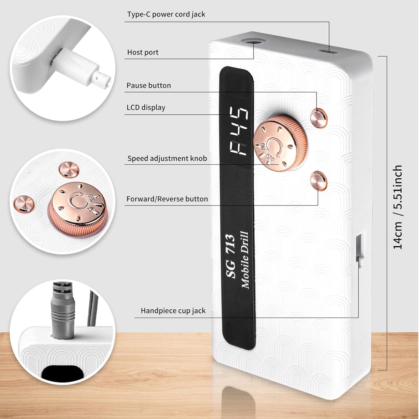 Professional Nail Drill Kit 45000RPM, Portable Electric Nail File with 13 Bits & 56pcs Sanding Bands,LED Screen,Ultra-Silent, Rechargeable Nail Drills Machine for Acrylic Nails Gel Polishing (White)