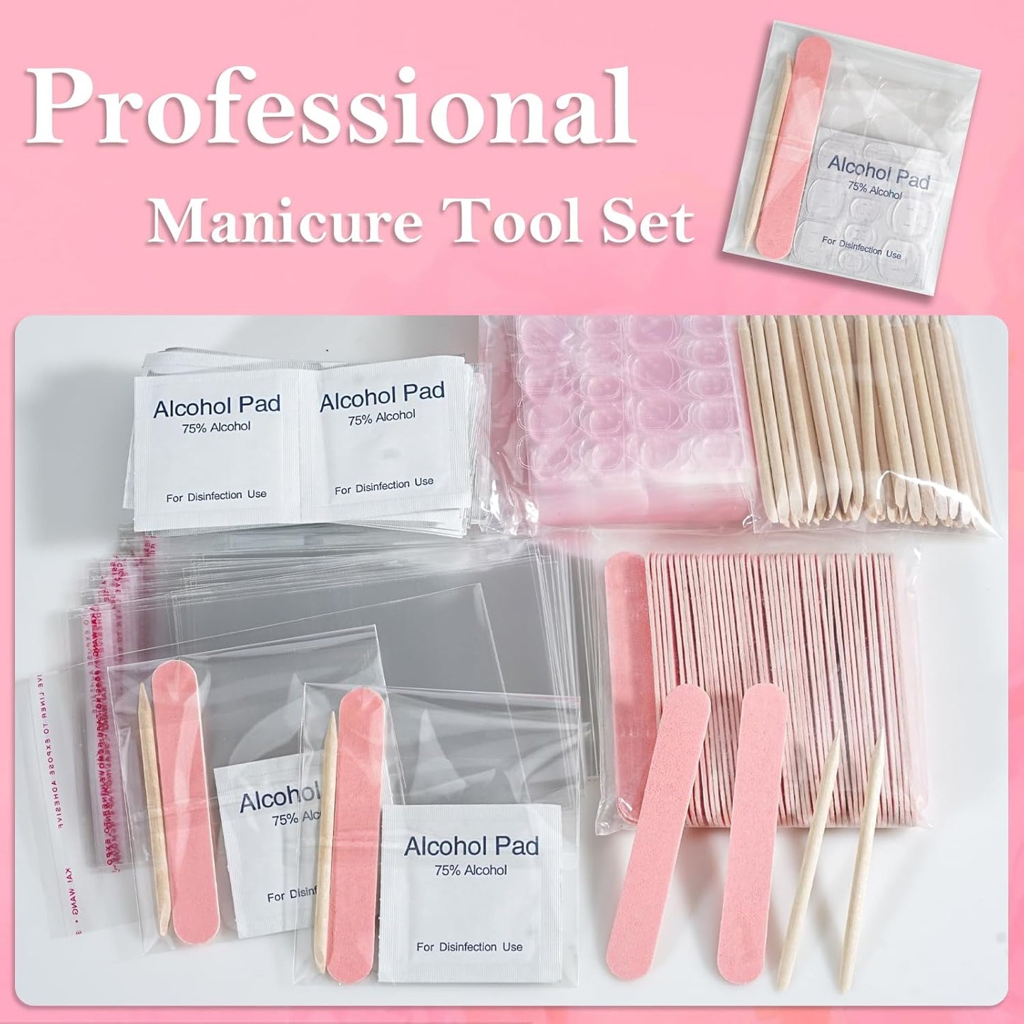 50 Set Disposable Press on Nail Tool Kit, Including 50pcs Nail File, 50pcs Adhesive Nail Tabs, 50pcs Prep Pad, 50pcs Wood Stick, 50pcs OPP Bag, Manicure Nail Prep Kit for Salon Home (50pcs-B-Pink)