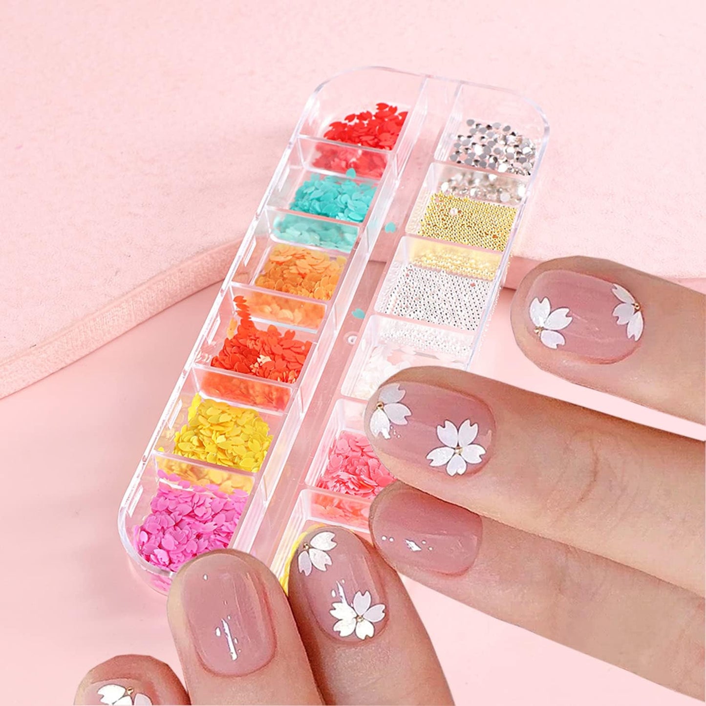 Floral Petals Glitter Nail Art Flakes, Sparkly Flowers Rhinestone Beads Design, 3D Flower Petals Supplies for Women Manicure Charms Decorations, Tips