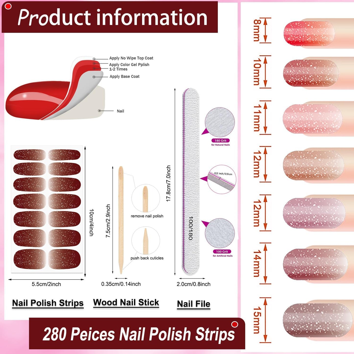 DANNEASY Nail Polish Strips (20 Sheets - Red Solid&Glitter) Gel Nail Stickers Full Nail Wraps Gel Nail Strips Self-Adhesive Manicure Sticker Nails for Women with Nail File, Cuticle Stick