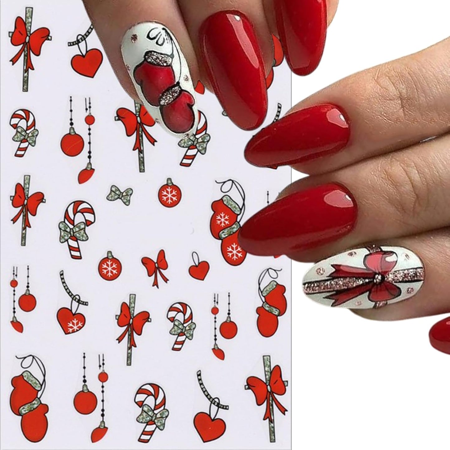 Christmas Nail Art Stickers 3D Self-Adhesive Holly Sprig Bow Snowman Glitter Xmas Tree Designs Nail Stickers Santa Claus Elk Flower Nail Decal for Women DIY New Year Manicure Decoration 5 Sheets