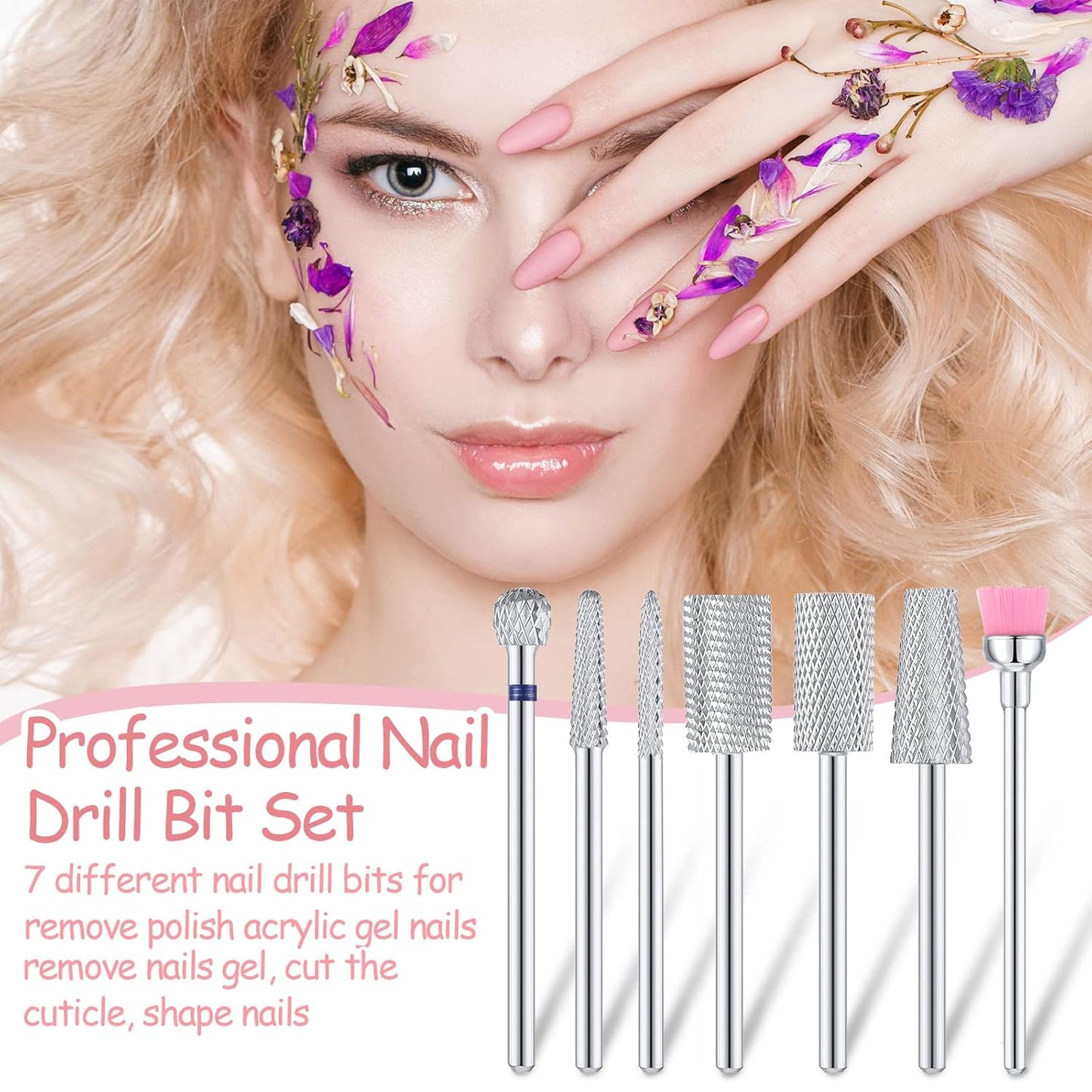 Hestya 7 Pieces Nail Drill Bits Set Tungsten Carbide Drill Bits for Nails Electric File 3/32 Inch Diamond Manicure Pedicure Cuticle Remover Tools for Acrylic Gel fingernail Salon(Silver)