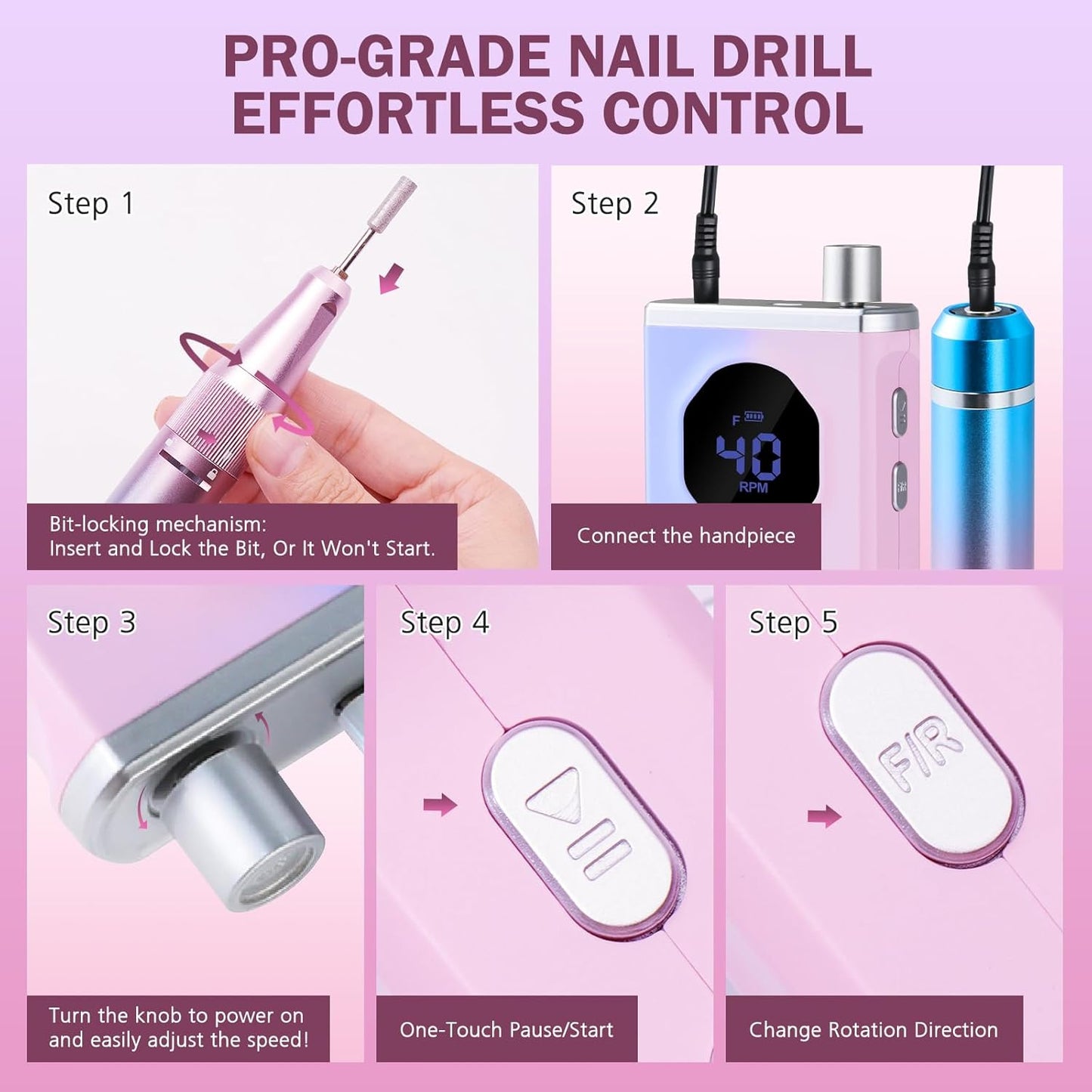 Professional Nail Drill, 40000RPM Electric Nail File for Acrylic Gel Nails Polishing Removing, Rechargeable Portable Cordless Nail Drill Kit with Full Set of Accessories at Salon Home