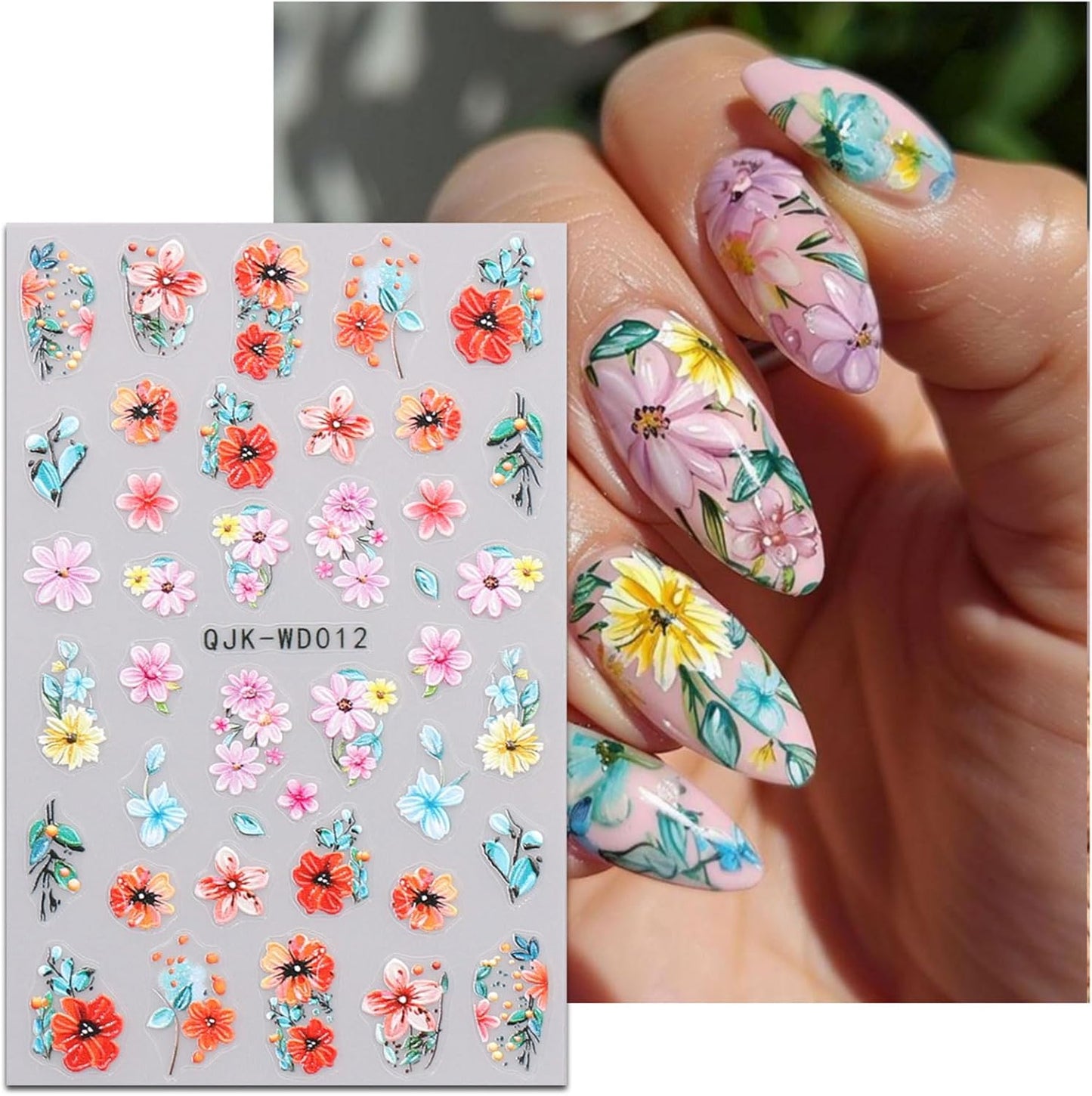 JMEOWIO 6 Sheets Flower Nail Art Stickers Decals Self-Adhesive Spring Summer Floral Nail Supplies Nail Art Design Decoration Accessories