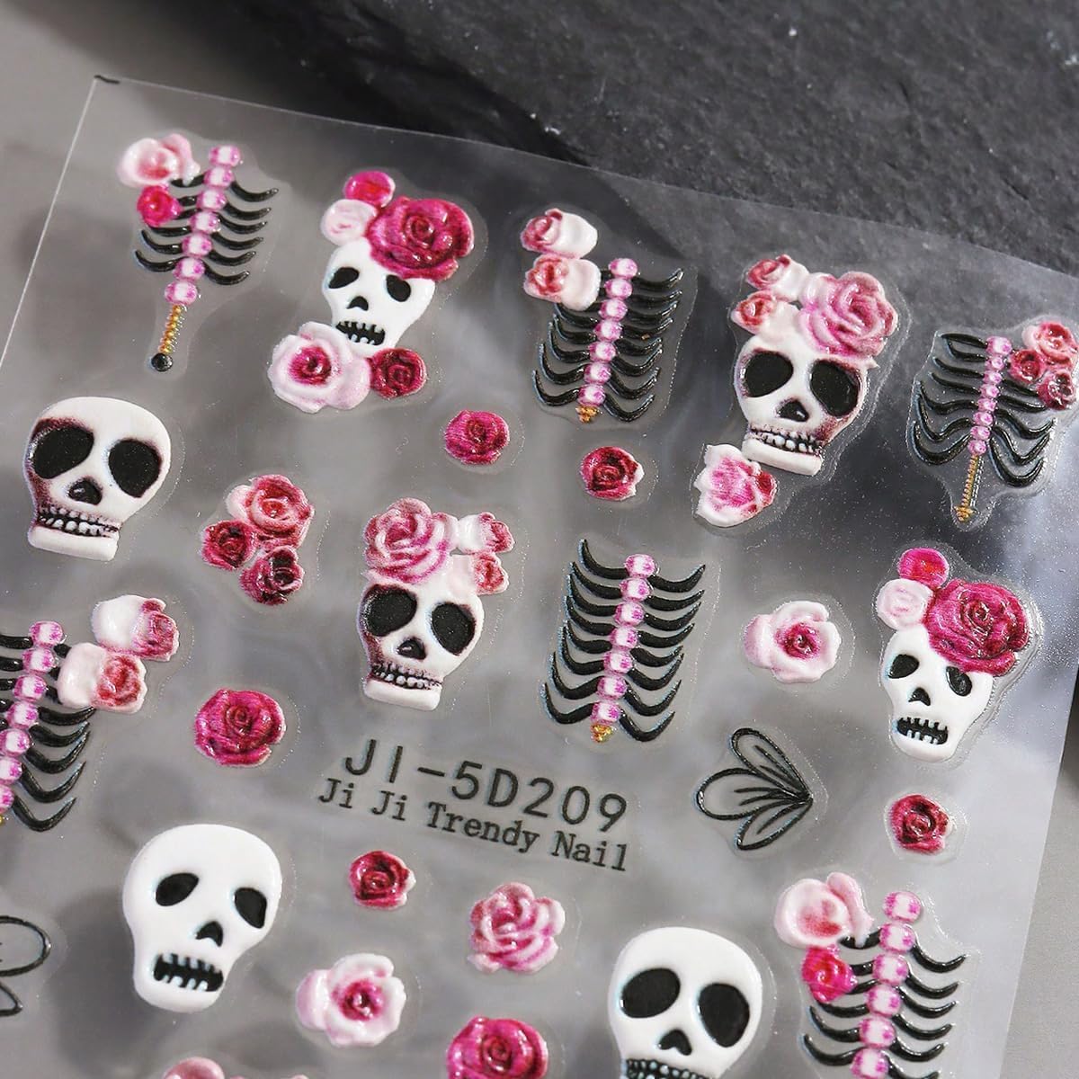 Halloween Nail Art Stickers 4PCS 5D Embossed Skeleton Rose Skull Nail Decals Self-Adhesive Nail Art Supplies Fantasy Bone Design Halloween Manicure Stickers for Women DIY Nail Art Decorations