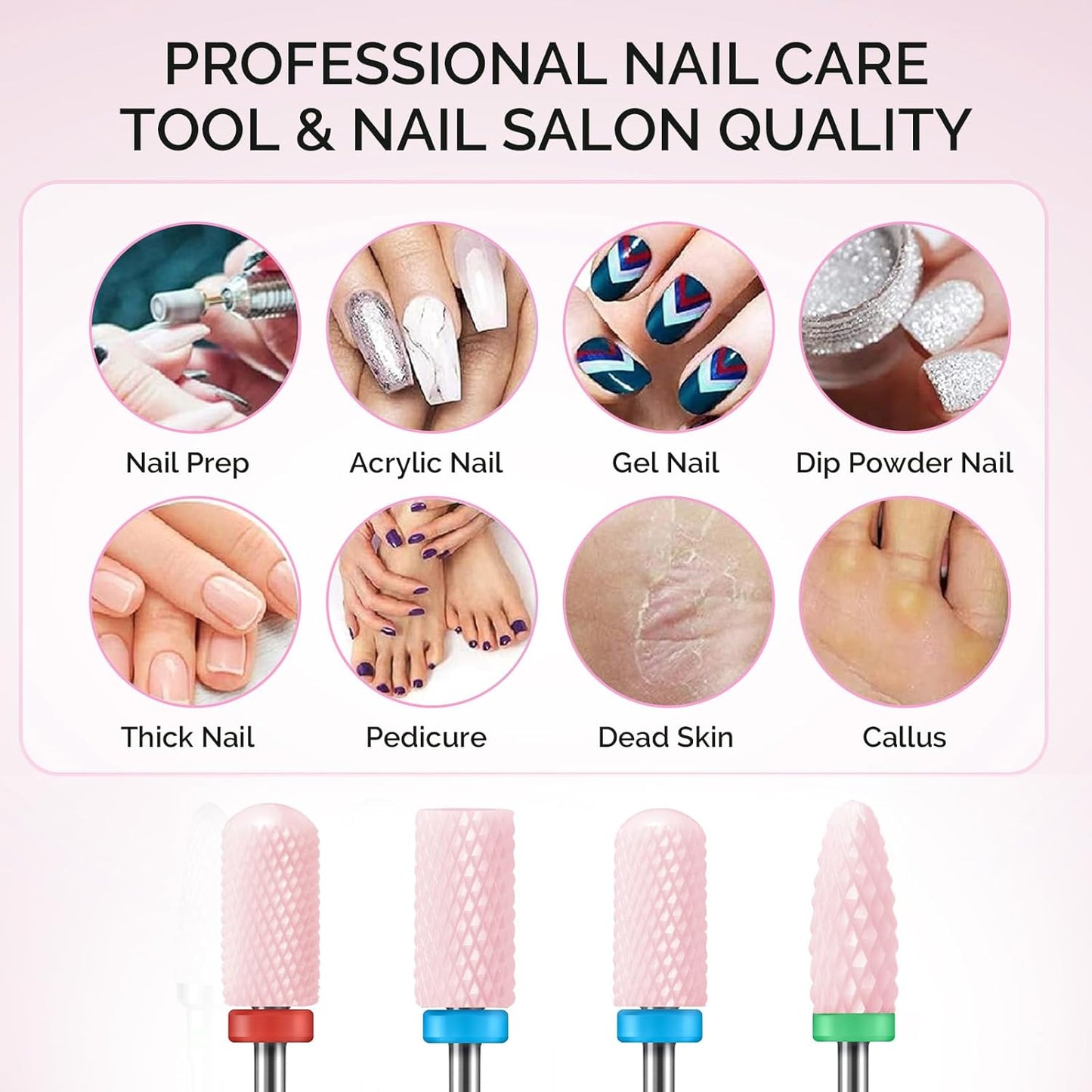MelodySusie Ceramic Nail Drill Bits Set, 3/32'' (2.35mm) Professional Acrylic Nail File Drill Bit for Manicure Pedicure Cuticle Gel Nail Polishing, 4Pcs, Pink