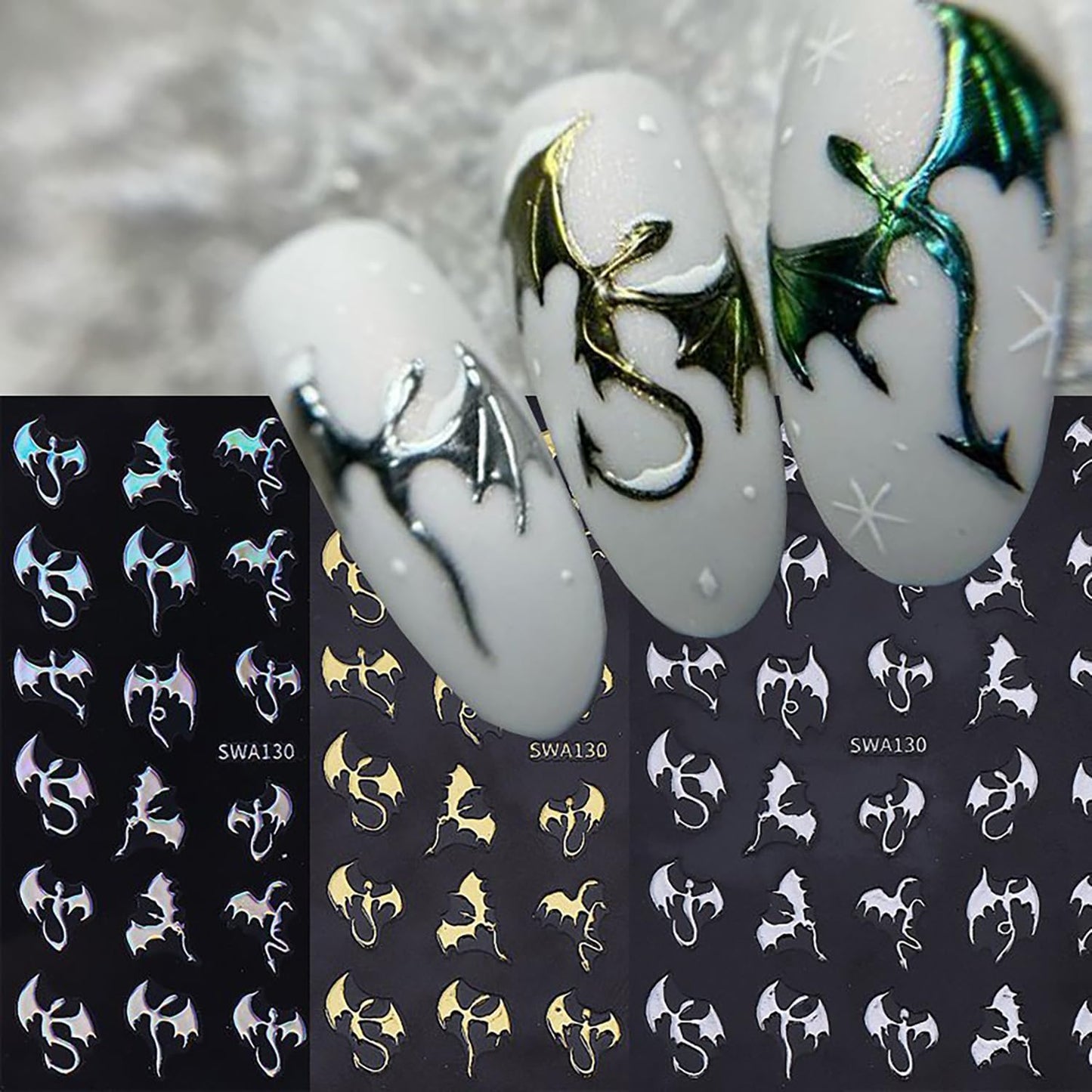 6 Sheets Halloween Nail Art Stickers 3D Self -Adhesive Bat Nail Decals Holographic Hot Stamping Gold Silver Laser Bat Nail Stickers Halloween Nail Decoration for Women Manicure Supplies