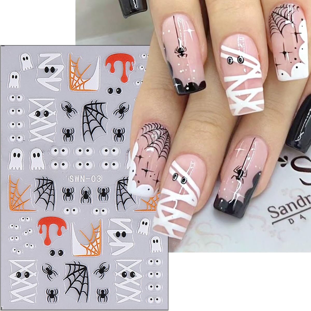8 Sheets Halloween Nail Art Stickers Decals 3D Self-Adhesive Horror Ghost Spider Web Spider Pumpkin Hand Bone Skull Black Cat Nail Stickers Cute Halloween Nail Decals for Women Party Nails Supplies