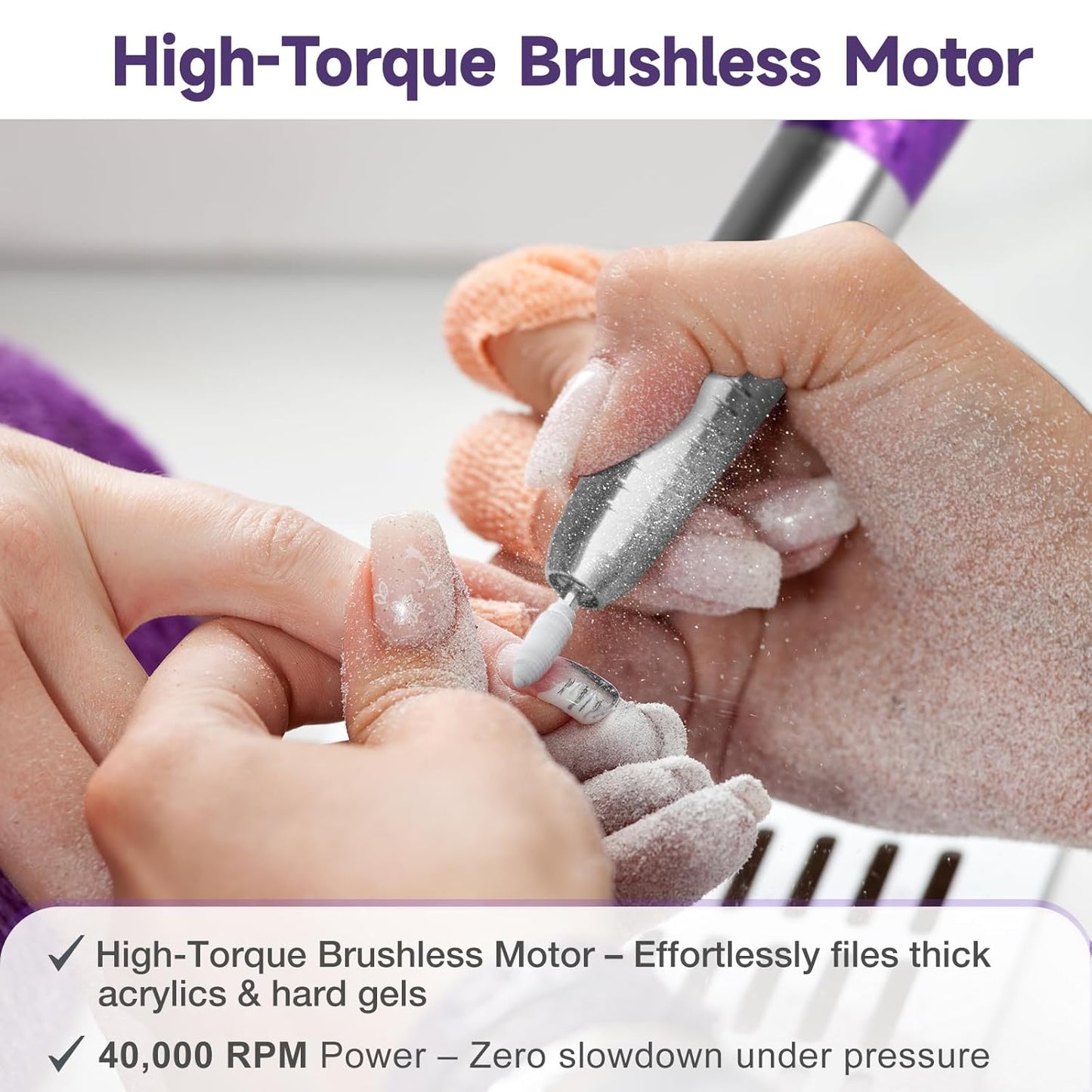 Professional Brushless Nail Drill, AZ GOGO 85W Cordless Electric Nail File 40000RPM Rechargeable Portable Nail Drill Machine for Gel Acrylic Nails, High Torque Quieter for Salon Nails Art (Purple)