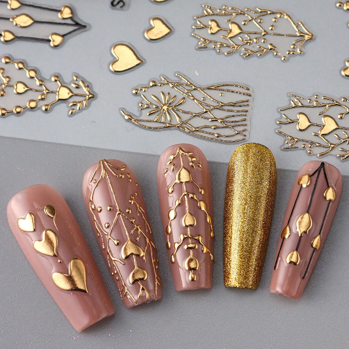 Golden Heart Nail Stickers for Nail Art 3D Bronzing Heart Nail Art Stickers 3PCS Metallic Golden Love Hearts Tree Stripe Design Self-Adhesive Nails Decals Supply for Women DIY Manicure Decorations