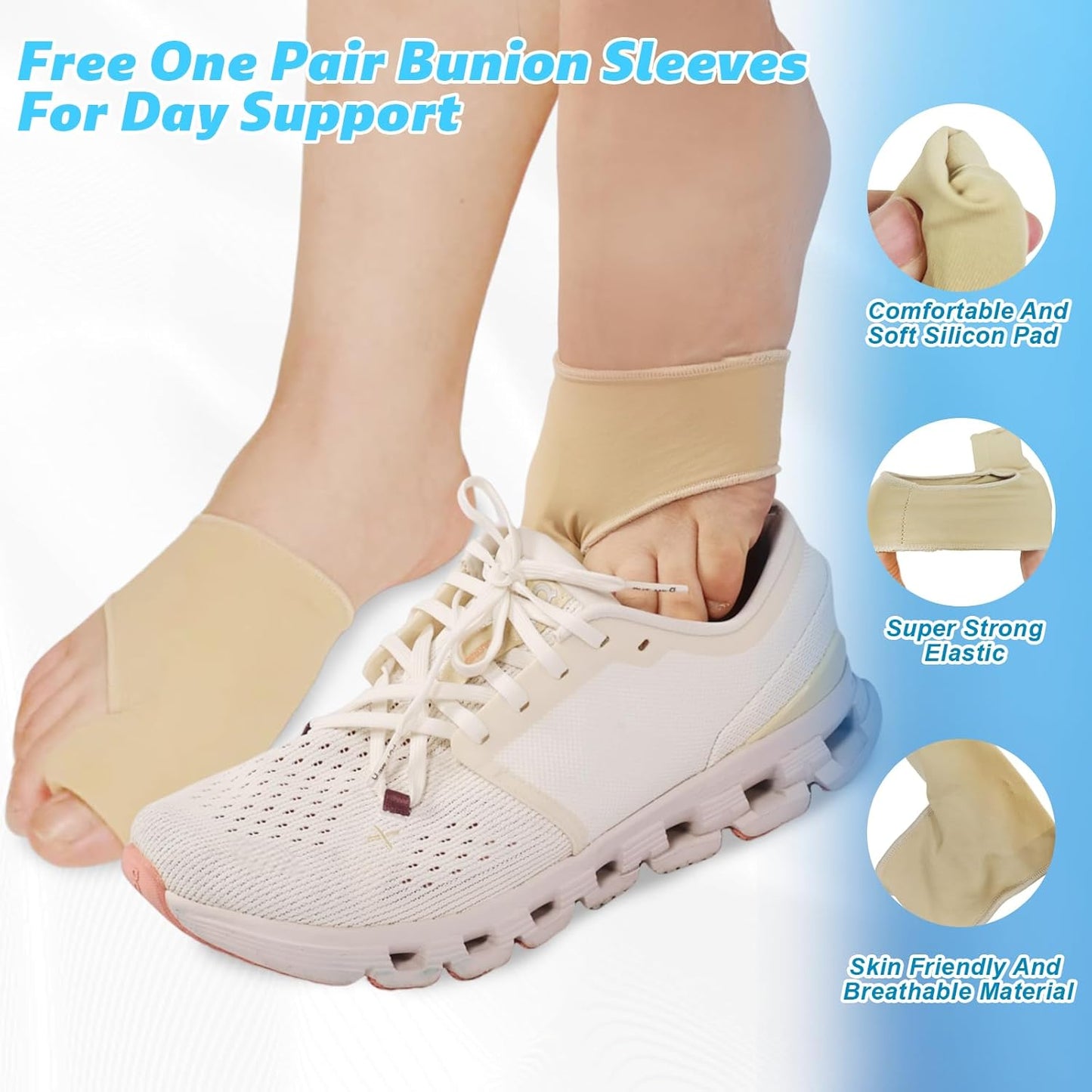 Bunion Corrector With Silicone Inner Pad for Women Men Big Toe Orthopedic Bunion Splint for Hallux Valgus Pain Relief Hammer Toe Straightener for Day Night Support-1 White(Free 2 Bunion Sleeves)