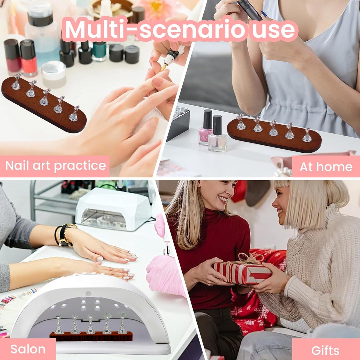 Wooden Stand for Nails Art Display Practice 2 Set, 1 Heart Shaped Acrylic Magnetic Nail Stand, Fake Nail Holder with 200 Pieces Double-sided Tape, For Home DIY Salon Supplies (Walnut, Large)