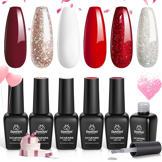 Beetles Christmas Gel Nail Polish – Candy Cane Gel Polish Set, 6 Color Burgundy Red Glitter White Silver Winter Snow Holiday Sparkle Manicure Kit Soak off Uv Nail Art Design Gifts for Women