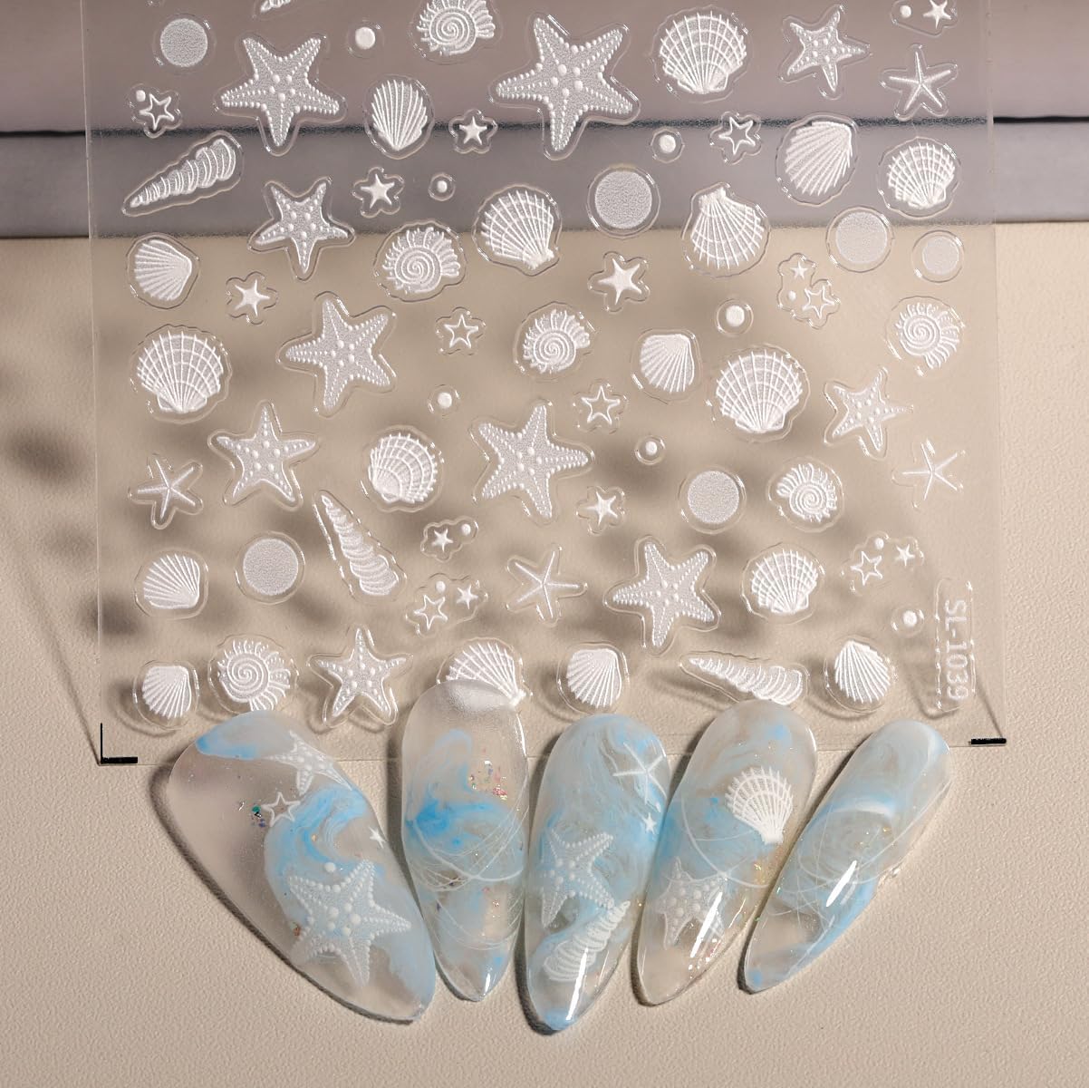 Summer Ocean Style 5D Embossed Dream Shell Starfish Jellyfish Beach Nail Stickers - DIY Nail Art Decorations for Summer Vacation A Set of 3 Sheets
