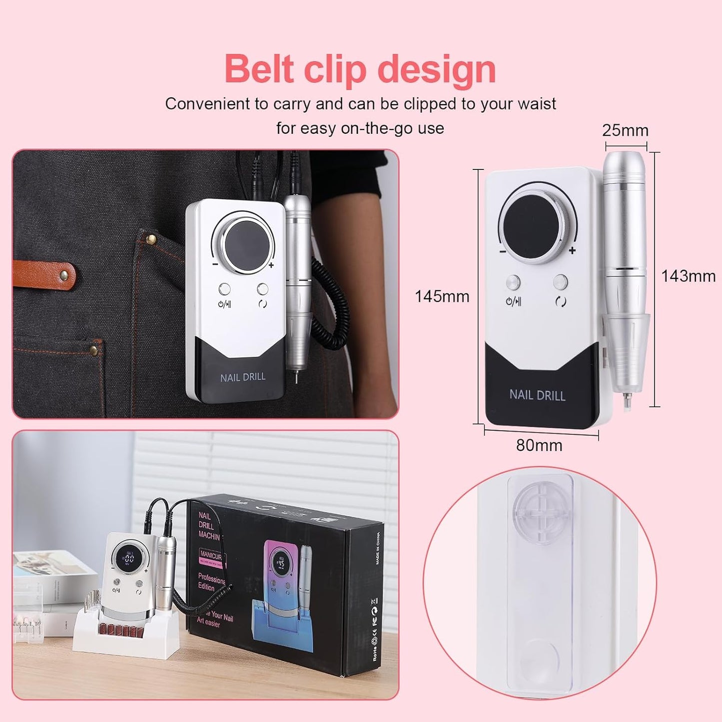 Electric 45000RPM Nail Drill Machine Rechargeable Portable Nail File Electric DIY Nail Drill Kit with Smart LCD Screen for Gel Nail Manicure and Pedicure Reflective Body etc (White)
