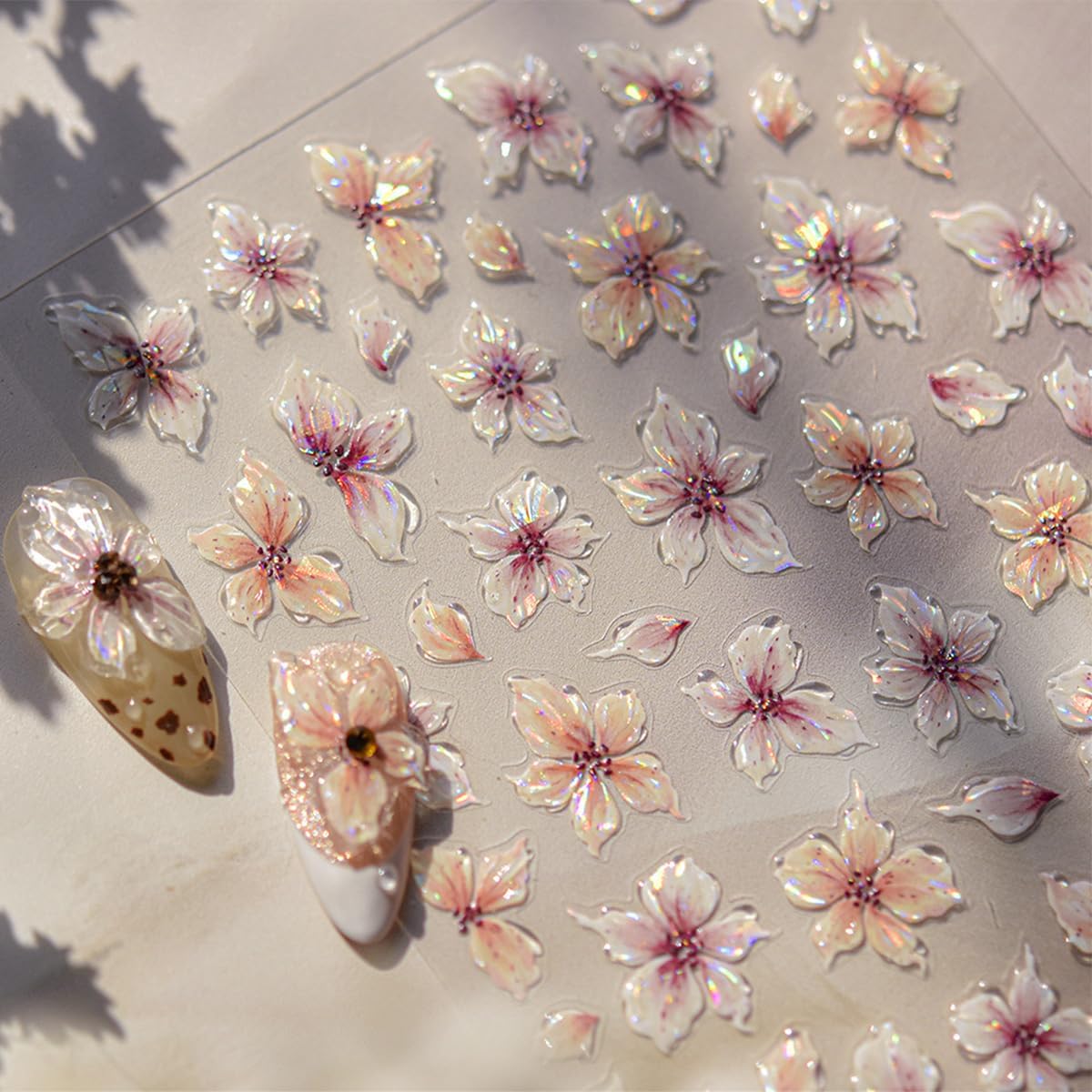 Flower Nail Stickers for Acrylic Self Adhesive 5D Embossed Flowers Nail Art Stickers Aurora Shell Pink Floral Sticker Flower Nails Decals Spring Summer Nail Supplies for Women Nail Decorations