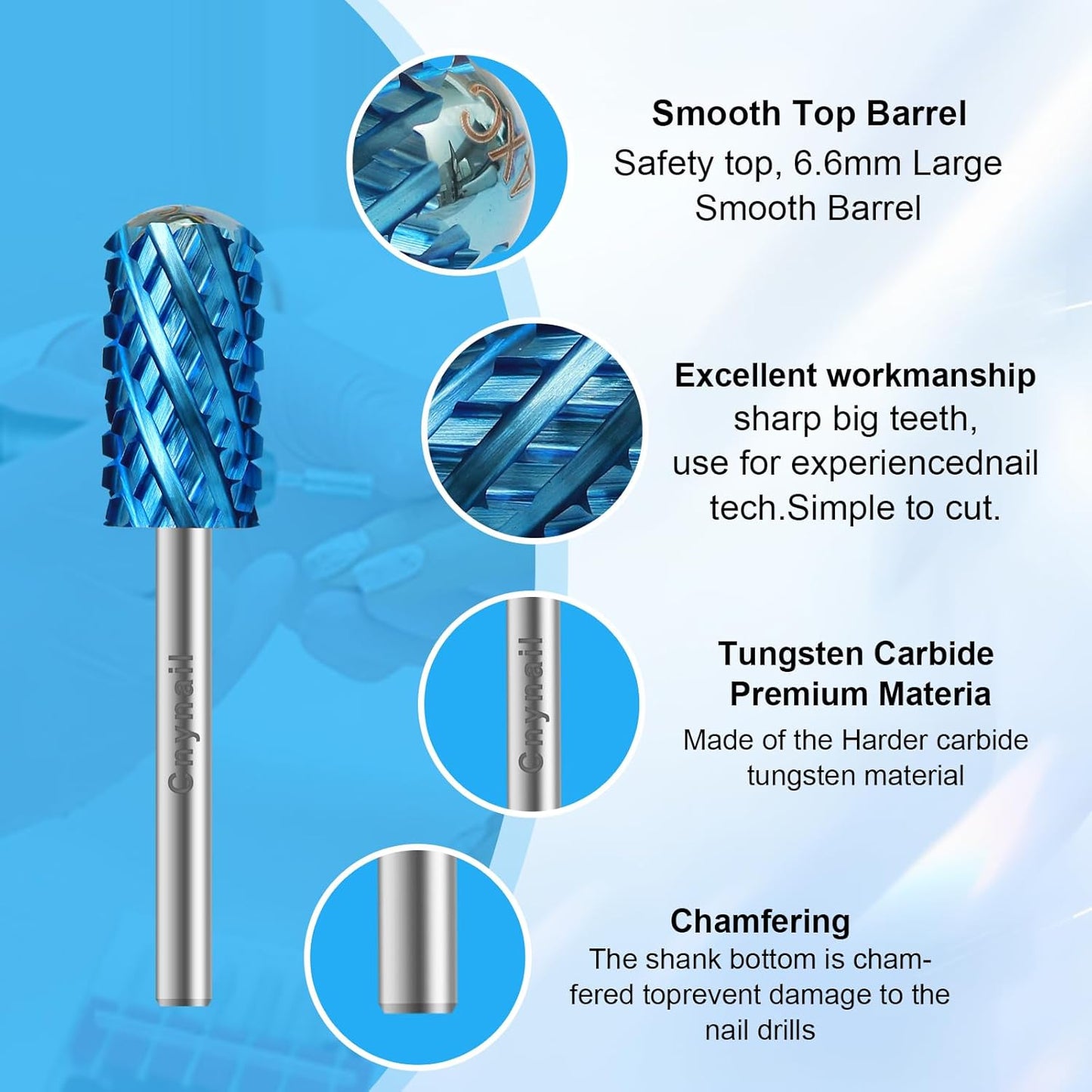 3/32" Large Barrel Smooth Round Top Tungsten Carbide Nail Drill Bit Safety Bit for Gel & Acrylic Removal, 2-Way Rotating Efile Tip, Salon Electric File Accessory (4XC Grit, Blue)