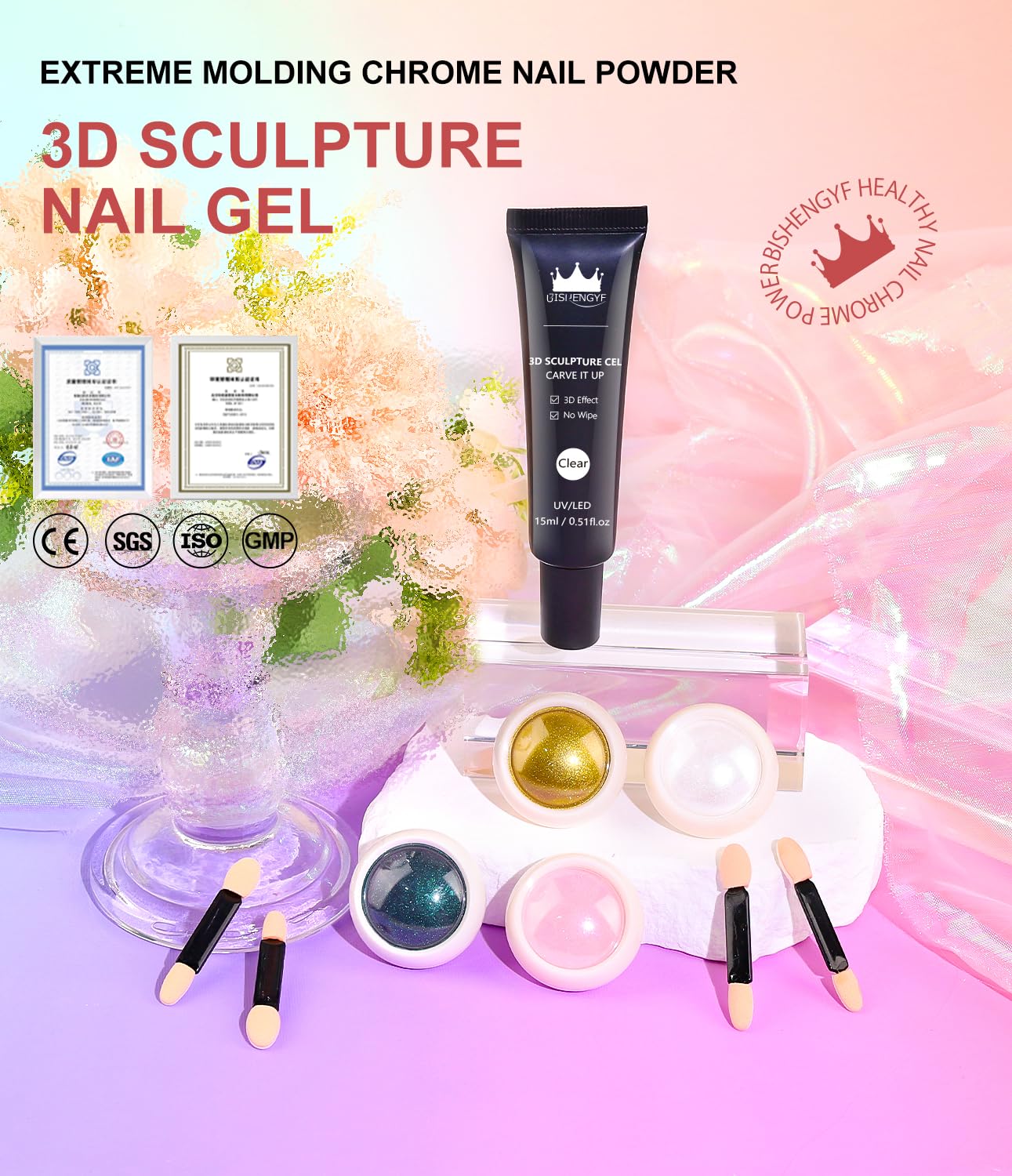 3D Nail Gel and Chrome Nail Powder Kit BISHENGYF: 15g No Wipe 3D Sculpting Gel White Aurora Pink Chameleon Gold Chrome Nail Powder with Clear 3D Carving Nail Molding Glue Set for Nail Art Decoration