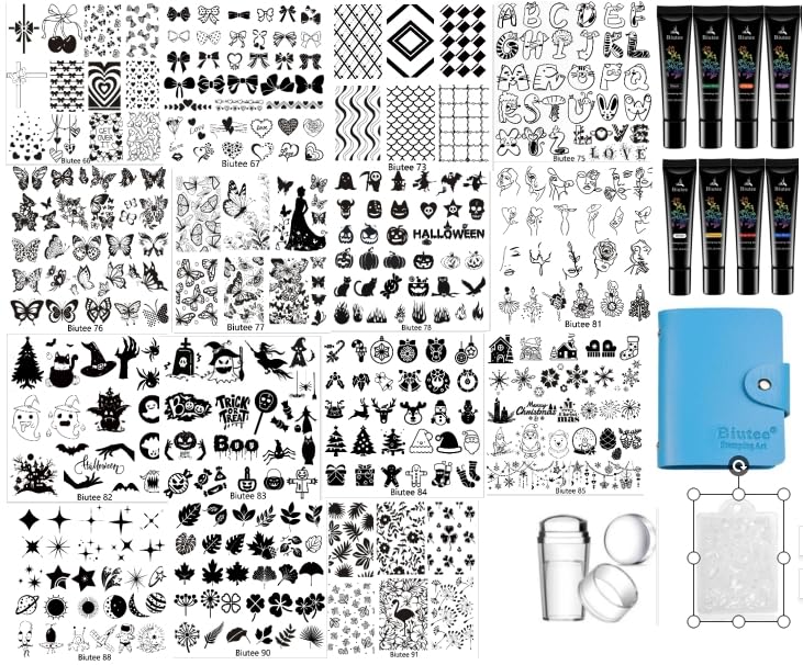 Biutee Nail Art Stamping Plate Set 15PCS Nail Stamp Plates 8PCS Nail Stamping Gel Polish, Nail Stamper and Scraper, Halloween Christmas Butterfly Letters Bow Design Nail Stamping Kit with Storage Bag