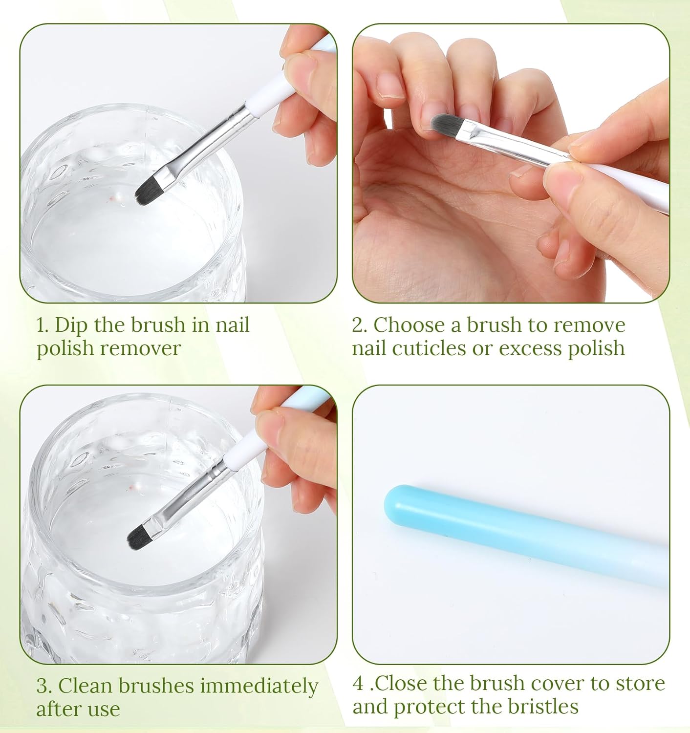 Nail Clean Up Brush, 4Pcs Flat/Oval Nail Polish Remover Brush for Cleaning Mistakes on Cuticles, Builder Gel, DIY Art, Green