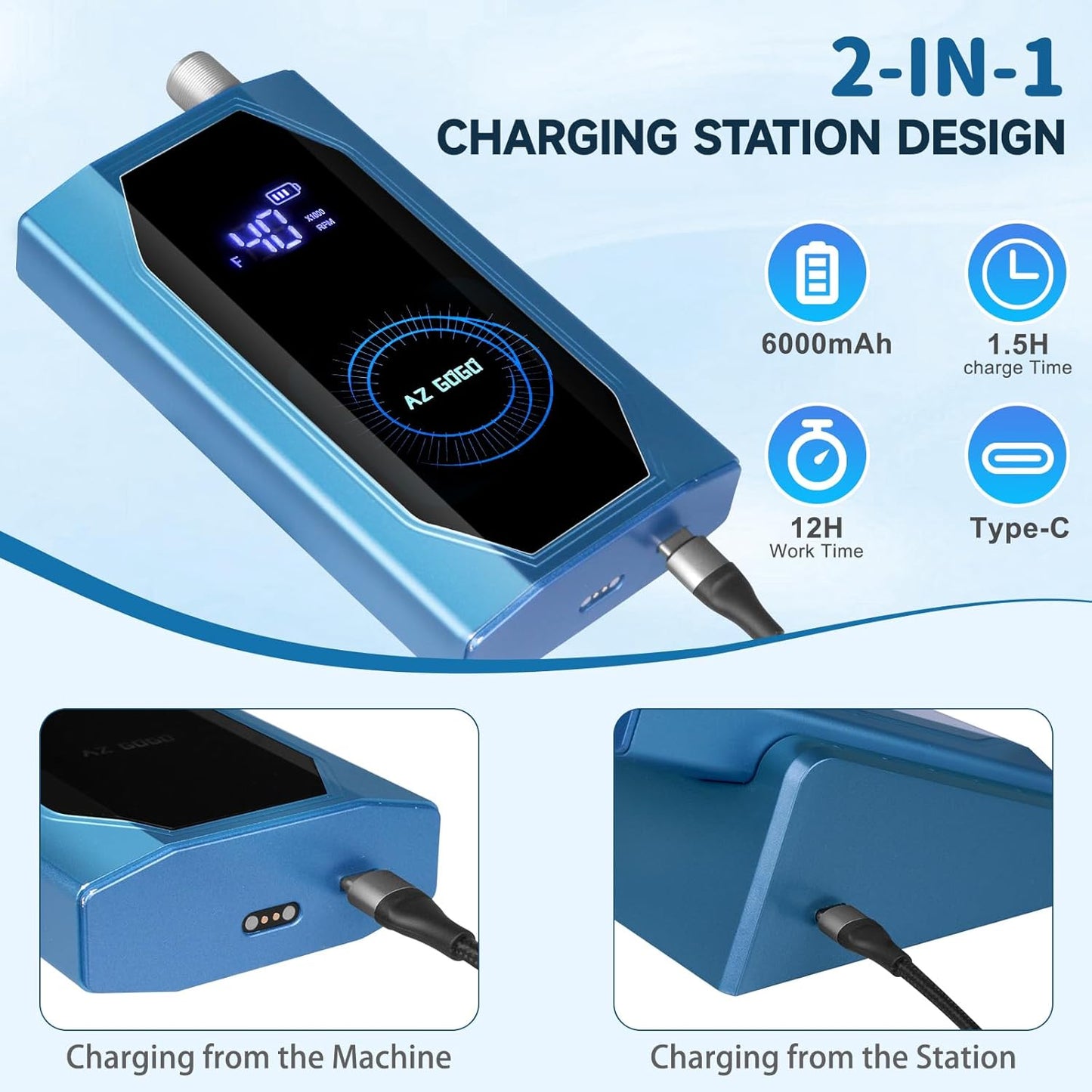 Professional Brushless Nail Drill, AZ GOGO 85W Cordless Electric Nail File 40000RPM Rechargeable Portable Nail Drill Machine for Gel/Acrylic Nails Salon Level (Blue)