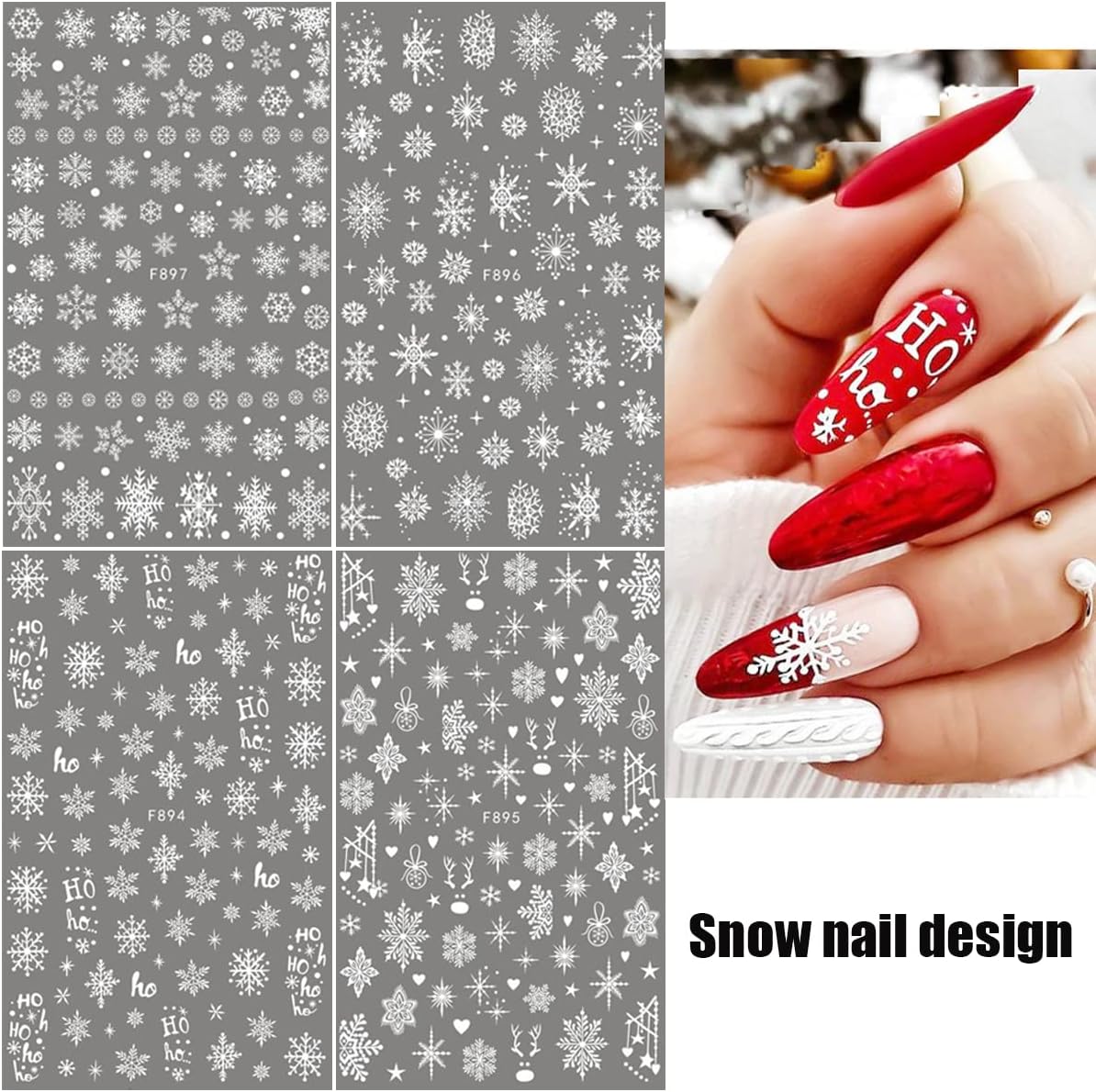 8Sheets Snowflake Nail Art Stickers 3D Xmas Nail Decals White Glitter Snow Nail Design Cartoon Elk Snowflake Snowman Bell Reindeer Sticker Foil Manicure Winter New Year Christmas Nail Decoration