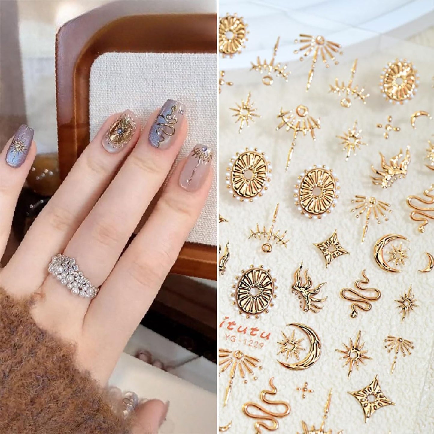 Gold Nail Art Sticker Decals Star Moon Nail Stickers Snake with Design Self Adhesive Nail Decals 5D Embossed with Design Bronzing Manicure DIY Supply Decoration Accessories for Women