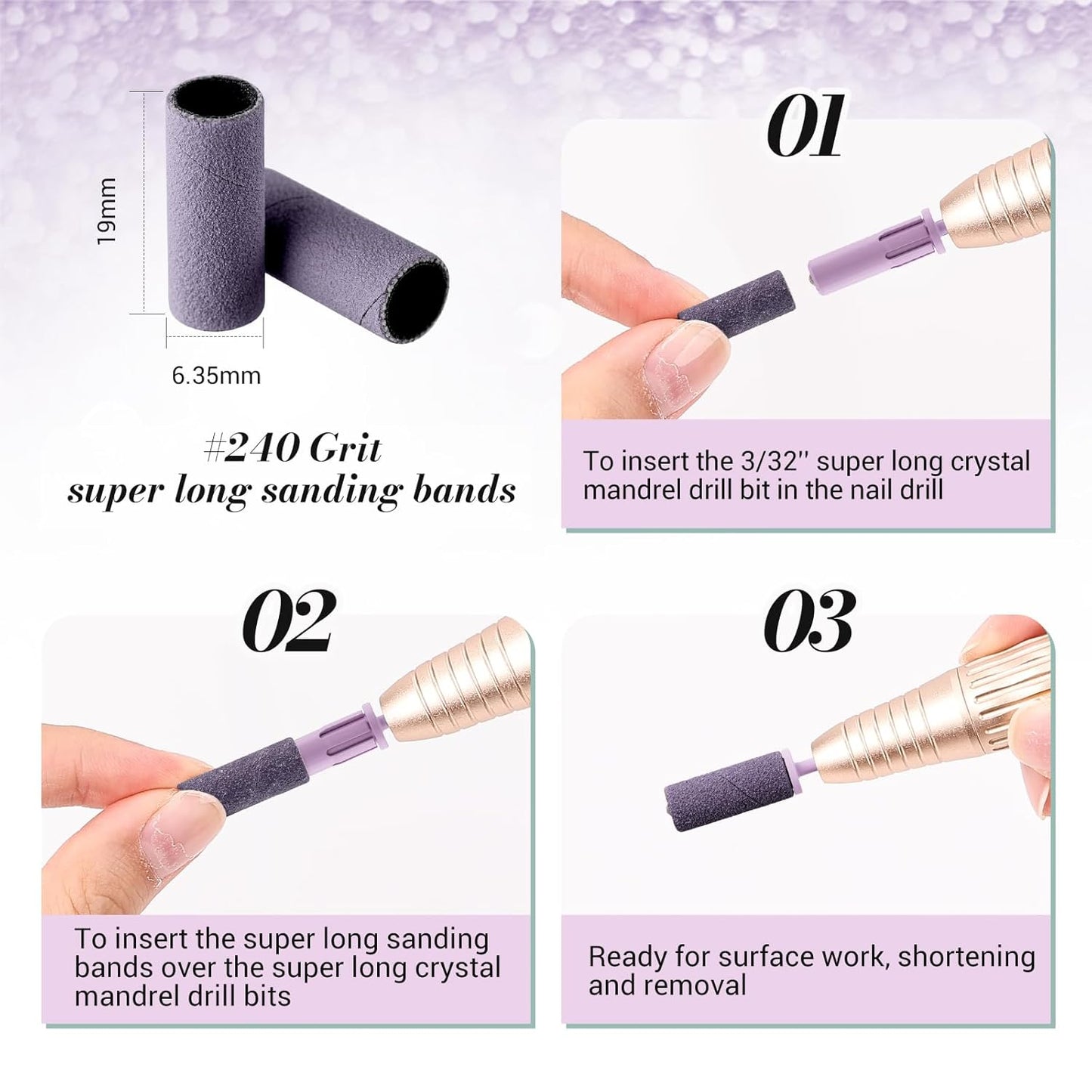 MelodySusie 50 Pcs Nail Drill Bits Super Long Sanding Bands with 6.65mm Crystal Mandrel Bit, 240 Extreme Fine Grit Nail File for Acrylic Nails Gel Manicures and Pedicure, Purple