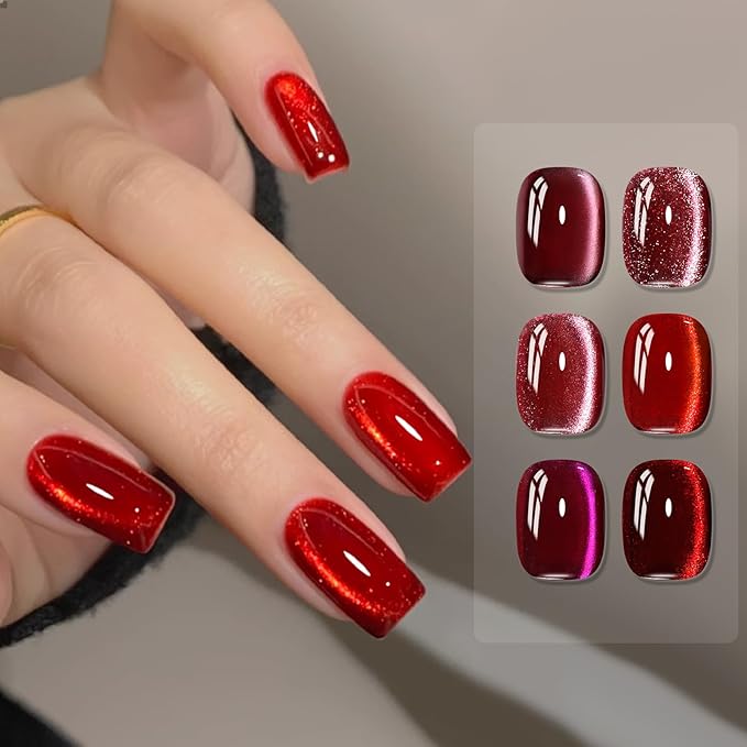 Born Pretty Christmas Red Cat Magnetic Eye Gel Nail Polish Set,6 Colors Burgundy Dark Cherry Red Glitter Shimmer Magnetic Gel Polish Kit Fall Winter Soak Off U V Nail Polish DIY Art for Women 7ML