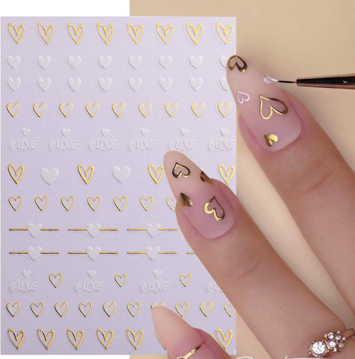 Heart Nail Stickers Decals for Nail Art, 6Sheets 3D Self Adhesive Hearts Nail Art Stickers for Women Gold Black White Red Heart Love Patterns Elegant Design DIY Valentines Manicure Accessories