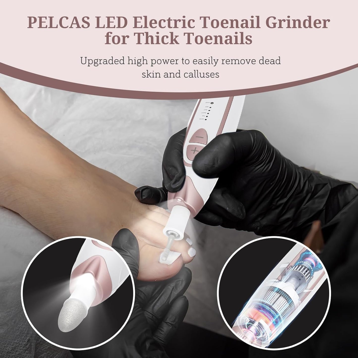 PELCAS Electric Nail File, 5 Speeds Nail Grinder for Thick Toenails, Cordless Nail Drill, Manicure and Pedicure Kit with LED Light, Toenail Grinder for Human, Thick Toenails, Natural & Acrylic Nails