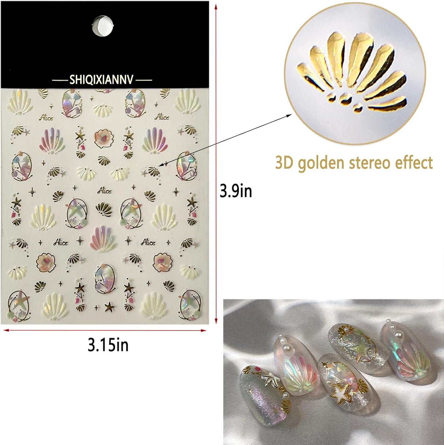 Summer Nail Art Stickers Extra Shiny 5D Self-Adhesive Shell Starfish Nail Decals Gold Star Shell Design Summer Beach Ocean Nail Supplies for Women Manicure Decorations Exquisite Cardboard Set 1 Sheet