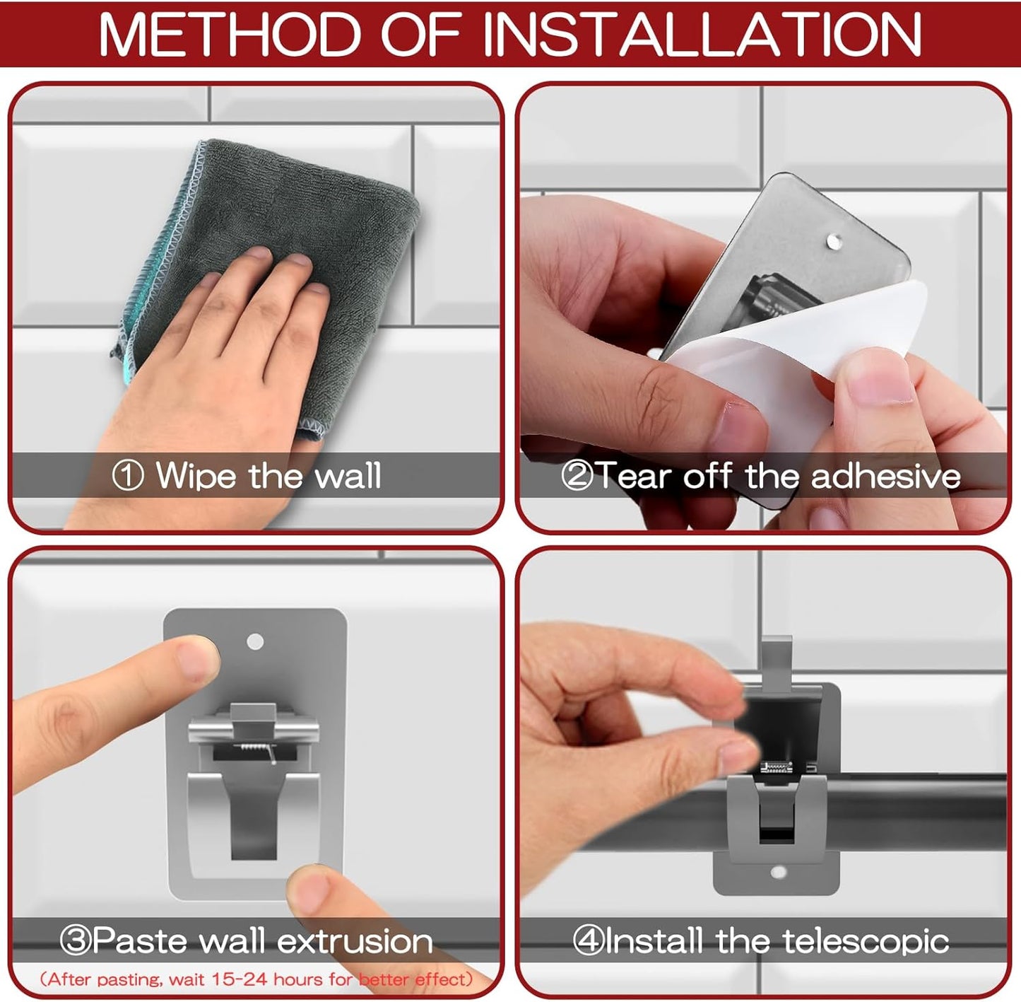CIEMGNZOC 4PCS No Drill Curtain Brackets, Self-Adhesive Rods, Nail Free Adjustable Holders, Hooks for Rods Under 1.57 Inch (Silver)