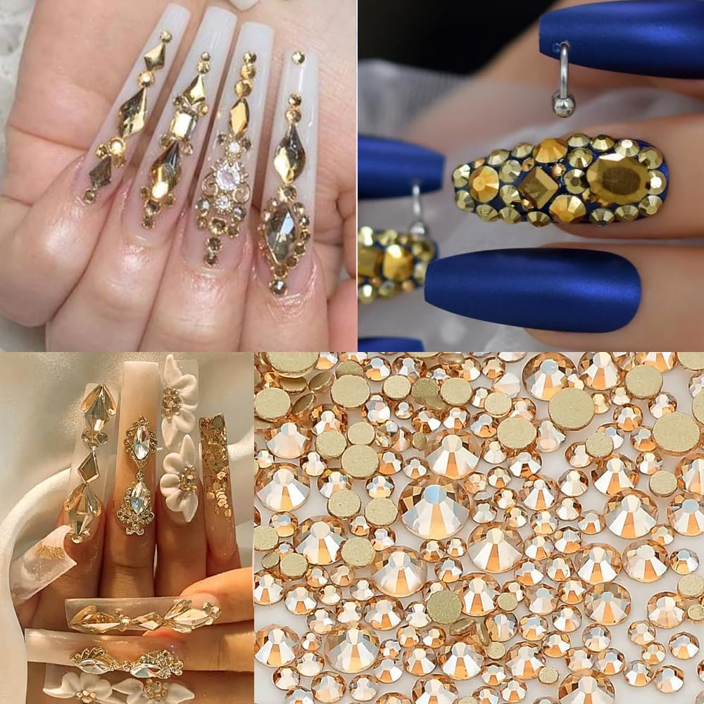 3600Pcs Champagne Gold Nail Rhinestones, MultiShapes Flatback Crystal Gems Stones, 1.5-4mm Half-Round Bedazzling Beads, Glass Diamond Jewels for DIY Nails Bling Decoration