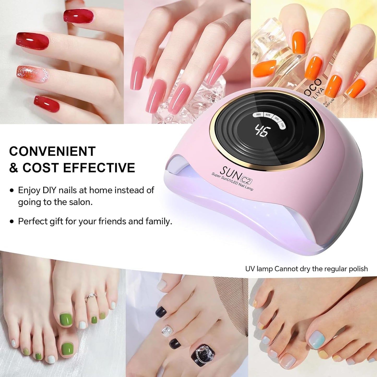 288W Professional UV LED Nail Lamp with 63 Beads - Fastest Gel Curing Dryer for Home & Salon, Smart Sensor, LCD Display & 4 Timers, Pink Salon-Grade Light