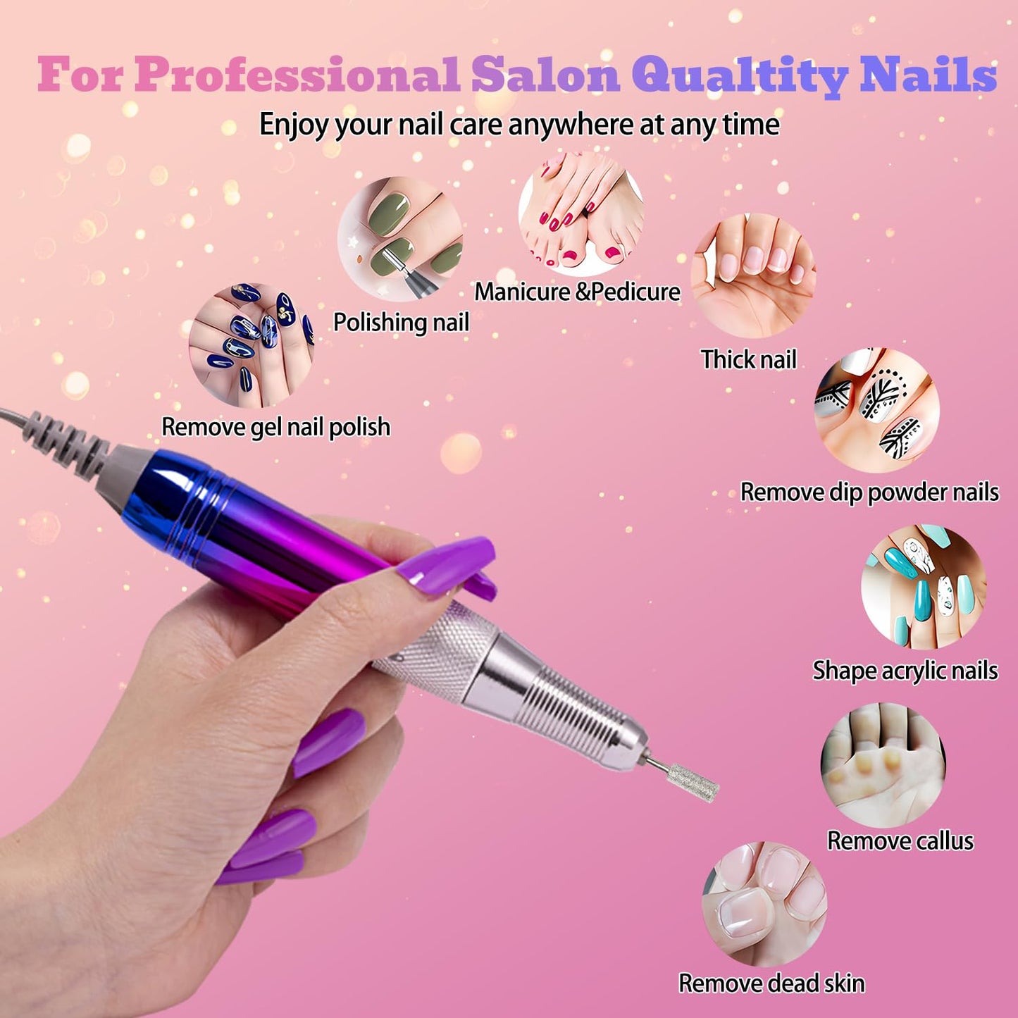 Nail Drill Portable Electric Nail File 35000RPM Electric Nail Drill Cordless Professional with Bits for Acrylic Gel Nails Nail E-File Machine Manicure Polishing for Salon Home (Snowflake Blue)