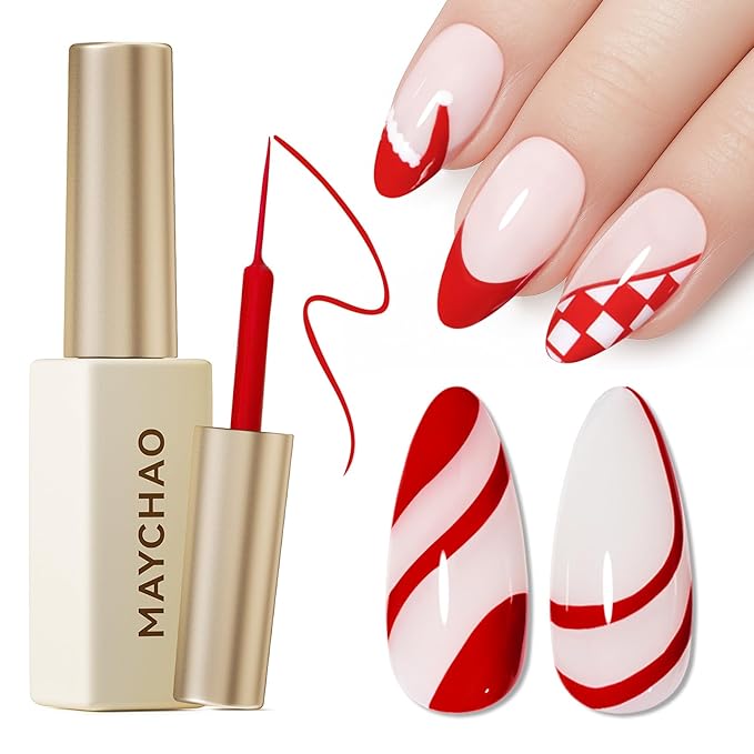 MAYCHAO Red Swirl Gel Liner Nail Art Polish, 8ml Classic Blood Red Gel Color Built-in Thin Brush, UV Light Cure for French Nail Tips DIY Manicure at Home Salon