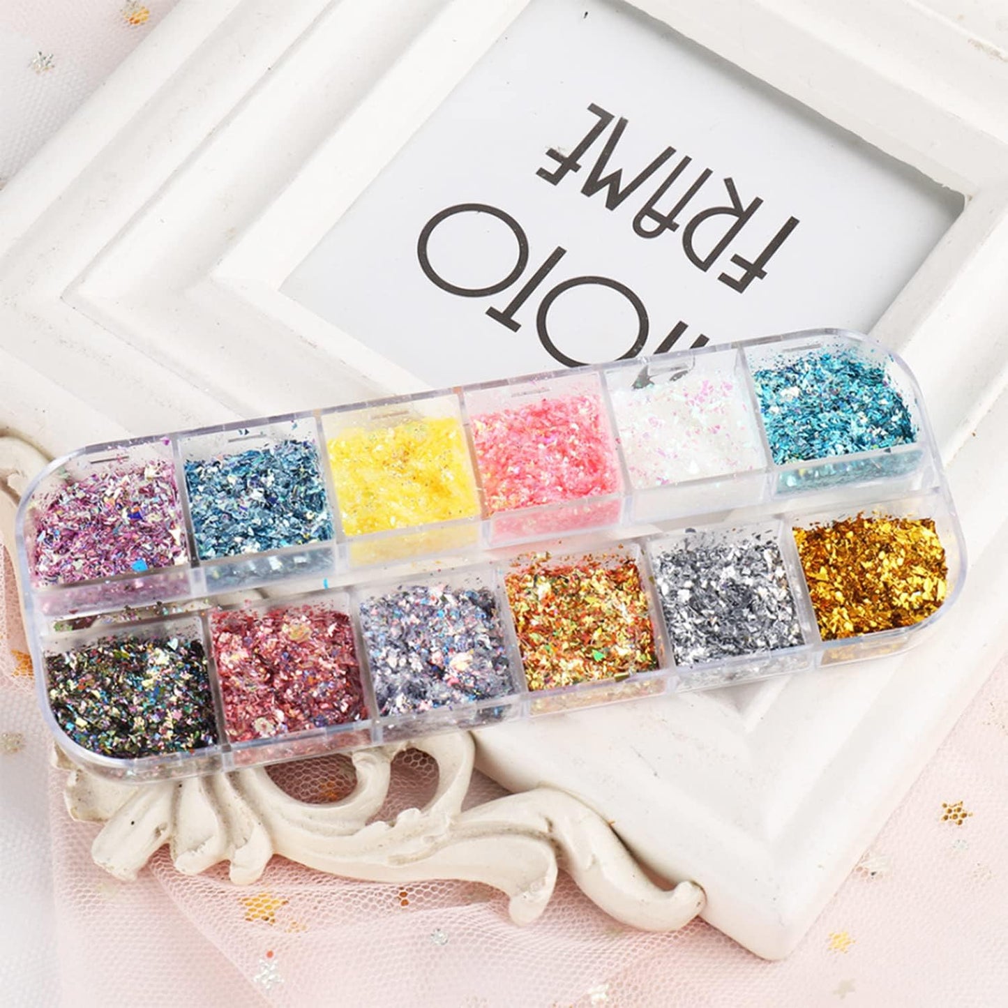 Holographic Glitter Nail Art Flakes, 12 Colors Irregular Sparkly Sequins Design, 3D Shiny Powder Acrylic Nails Supplies for Women Girls Manicure Charms Decorations, DIY Resin Tips