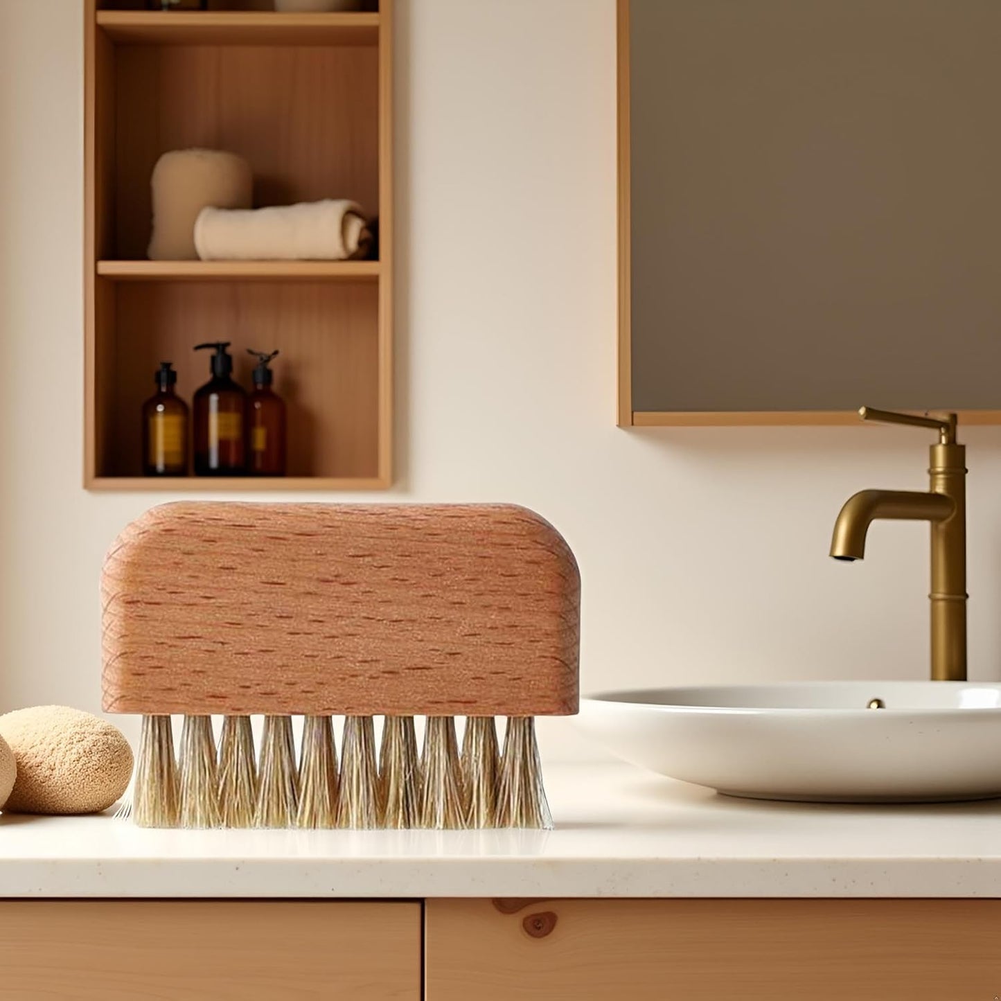 Brown Wooden Nail Brush, Natural Beech Wood Bristle Nail Brush Non-Slip Fingernail Hand Scrub Brush Nails and Toes Cleaning Tools Accessories