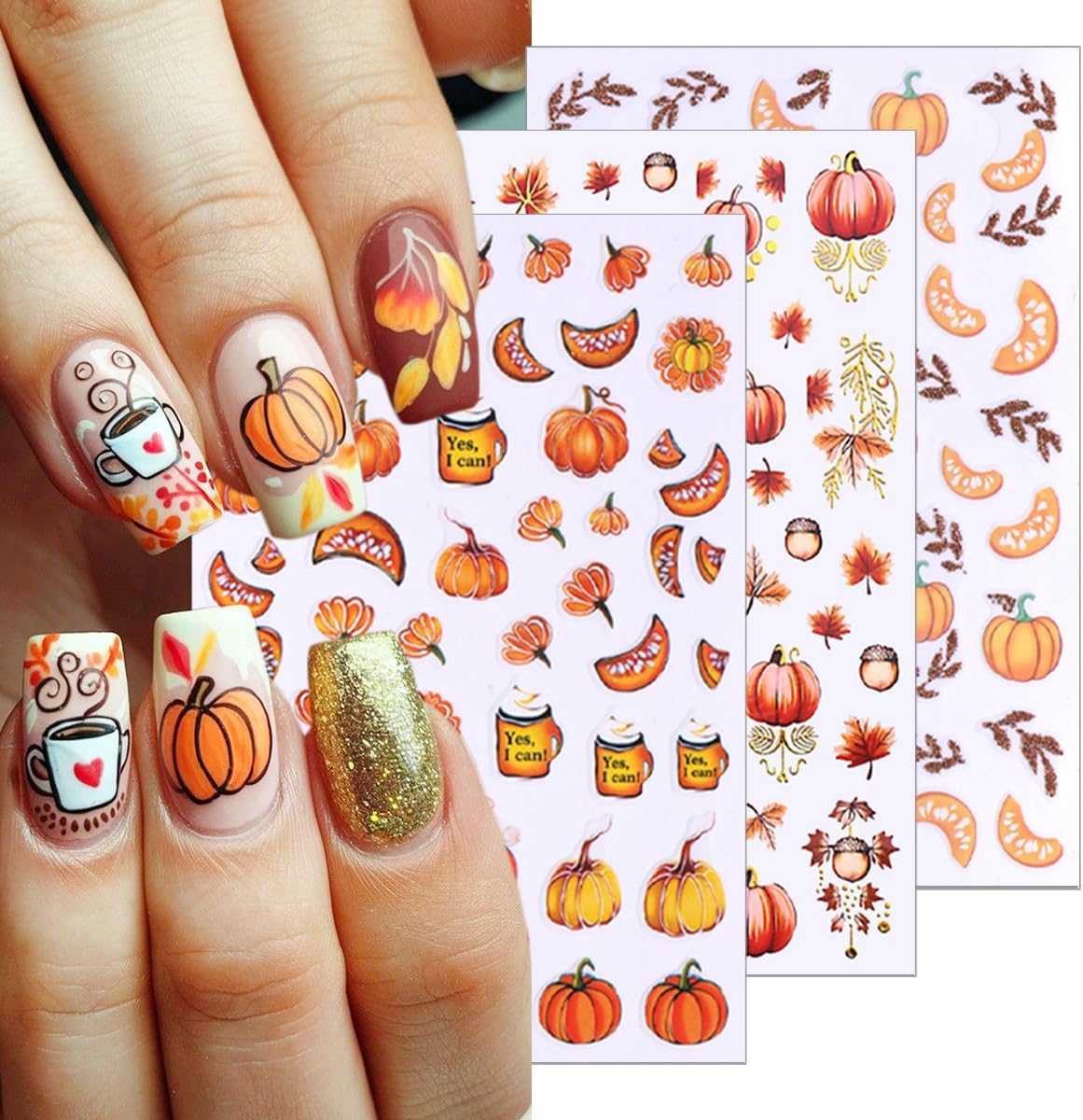 6 Sheets Fall Nail Art Stickers Pumpkin Fall Maple Leaf Nail Decals Fallen Leaves Nails Designs 3D Self-Adhesive Thanksgiving Nails Stickers Autumn Nail Art Supplies for Women DIY Manicure Art Kit