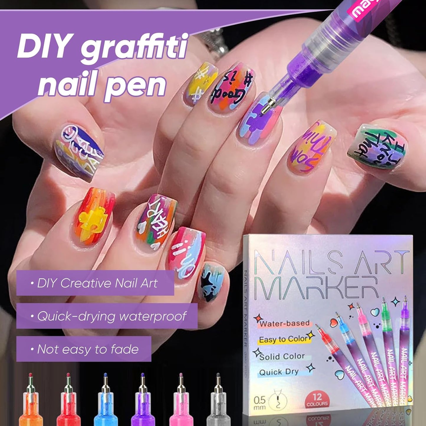 12 Color Nail Art Pens Set, 0.5mm Fine Tip Nail Polish Pen for Precise DIY Nails Art Design at Home, Quick-Dry & Waterproof, Nail Art Painting Pens Kit for Beginners