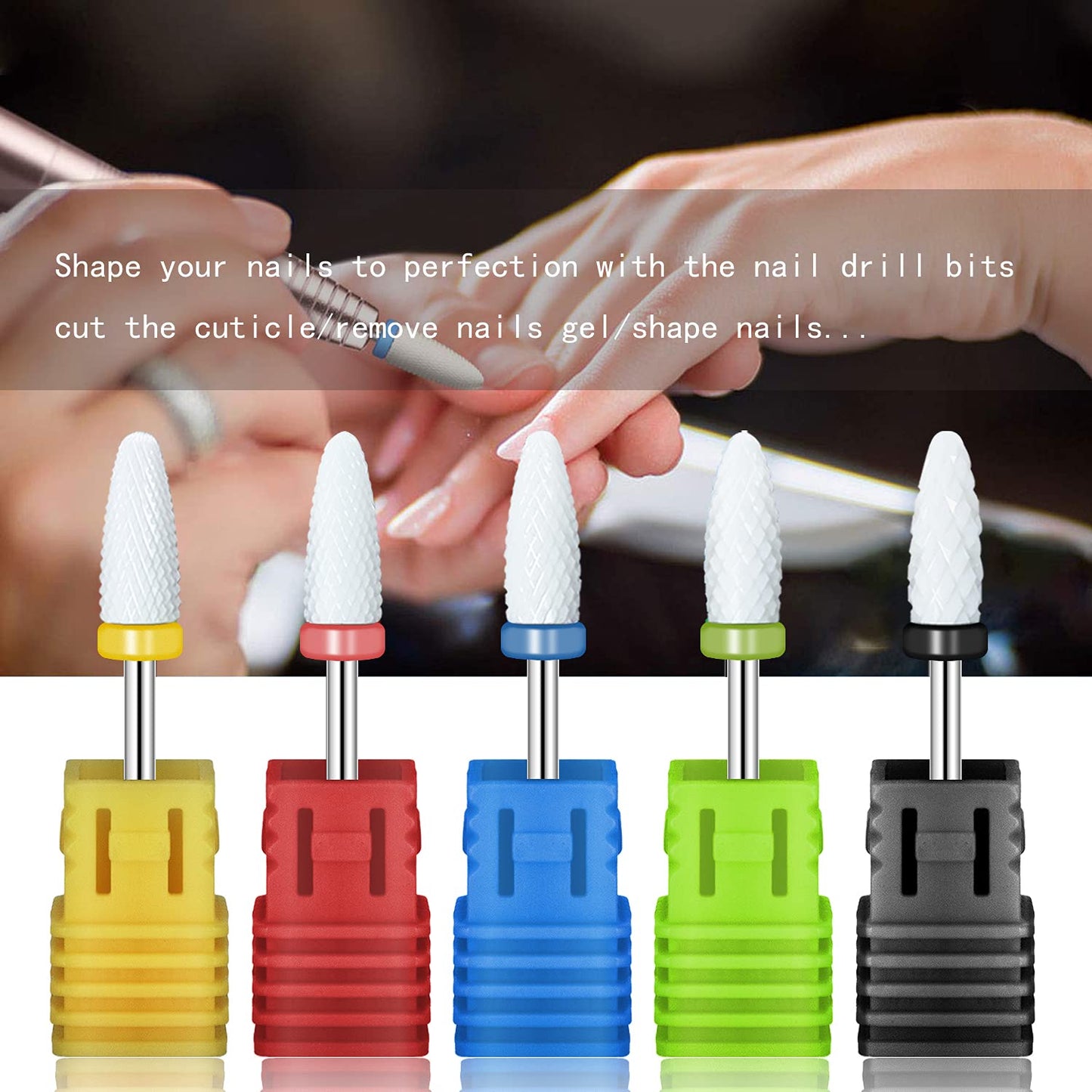 5 Size Professional Corn Head Ceramic Nail Drill Bits Set with Holder for Electric Nail File Manicure Pedicure Acrylic Gel Polishing, 3/32'' (2.35mm)