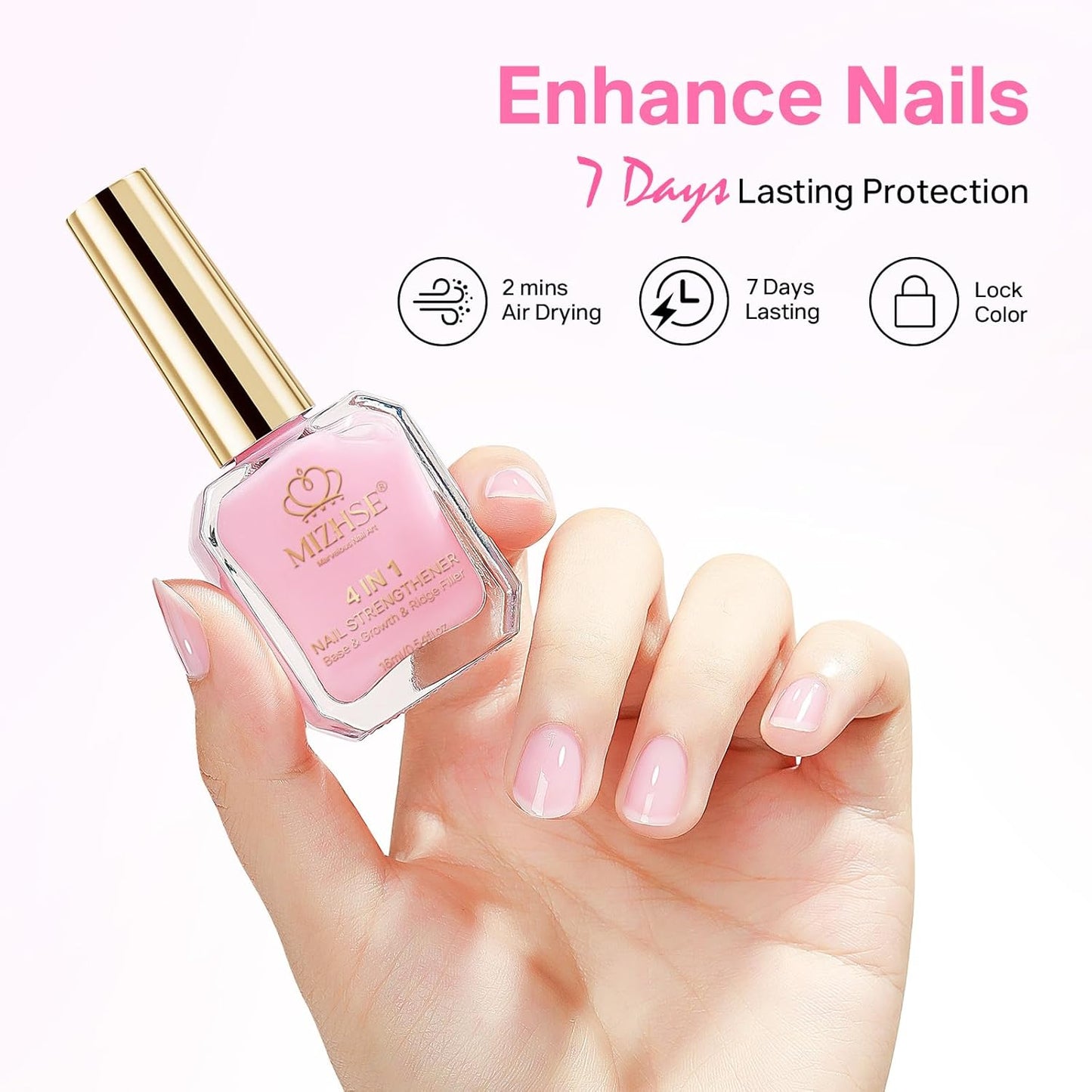 MIZHSE Nail Strengthener and Growth Nail Hardener Extra Strong and Growth, Nail Repair for Thin and Damaged Nails, Concealer Ridge Filler Foundation Polish Pink 16ML