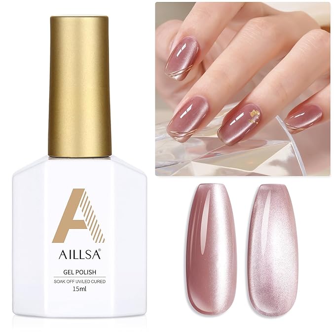 AILLSA Cat Eye Gel Nail Polish Pink Crystal Glitter Polish with Magnet, Nude Burgundy Glass Shimmer Nail Polish Jelly Color Reflective Translucent U V Gel Salon DIY at Home 0.5 OZ GF25