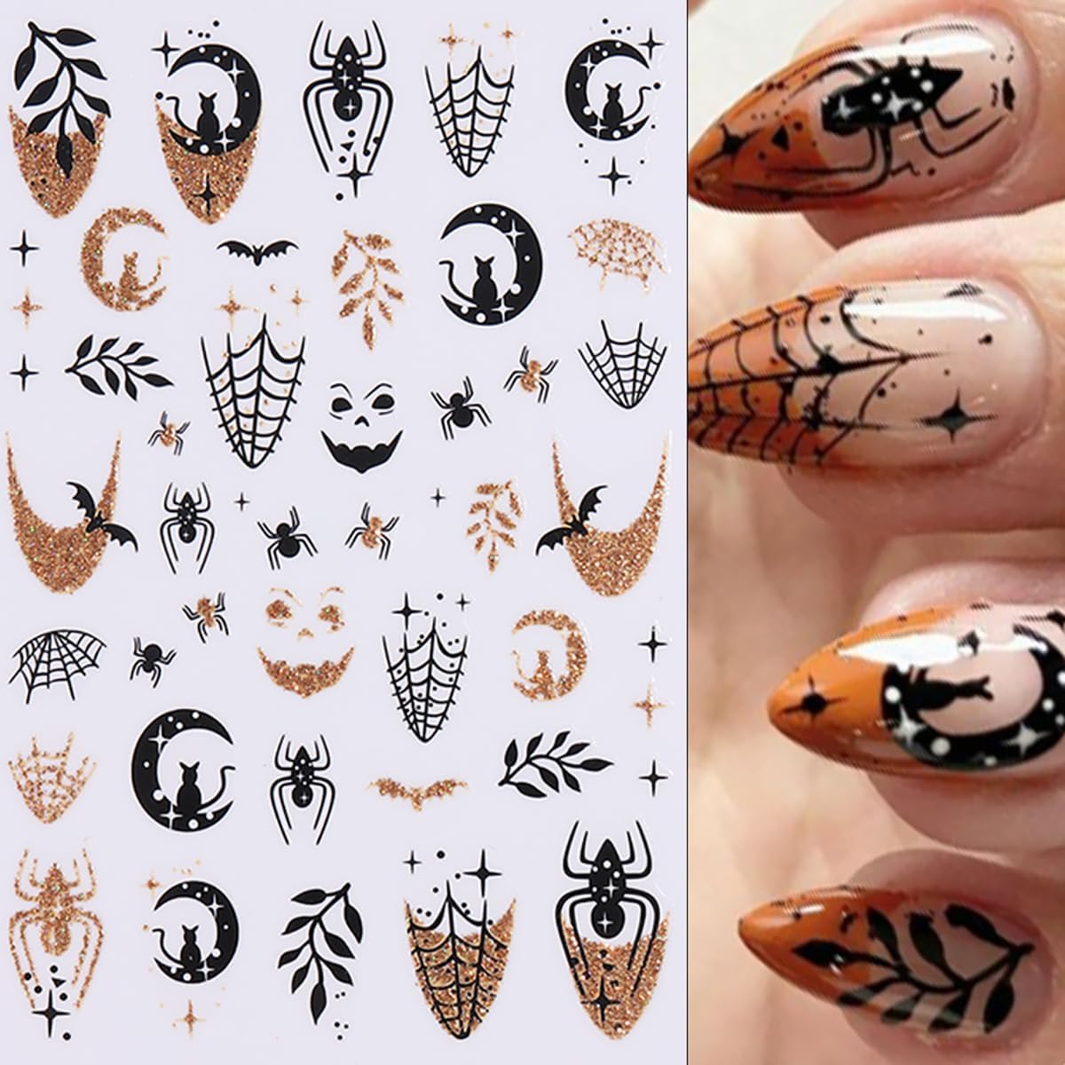 5 Sheets Halloween Nail Art Stickers 3D Self-Adhesive Gold Silver Halloween Nail Decals Glitter Pumpkin Spider Web Bat Ghost Nails Stickers Holiday Nails Art Supplies for Women DIY Manicure Art Kit