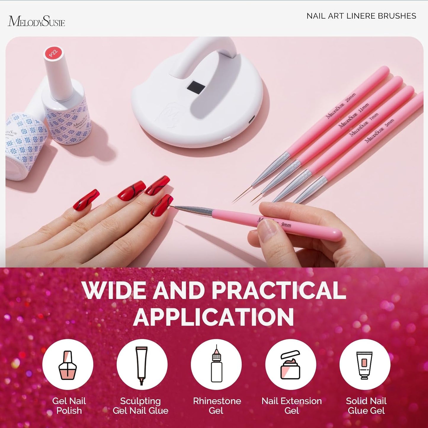 MelodySusie Nail Art Liner Brushes 5Pcs Professional Gel Polish Painting Art Design Pen Set for Thin Long Lines, Tiny Details, Fine Drawing, Delicate Coloring Sizes 5/7/9/11/20mm