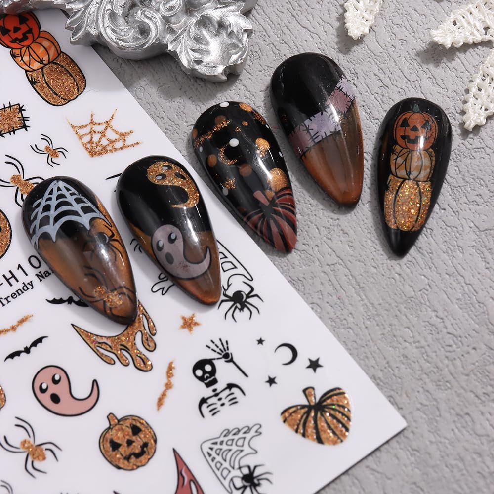 Halloween Nail Stickers for Nail Art, 3D Self-Adhesive Halloween Nail Decals Nail Art Supplies 6PCS Glitter Pumpkin Spider Web French Tip Cute Design Holiday Sticker for Women DIY Manicure Decorations