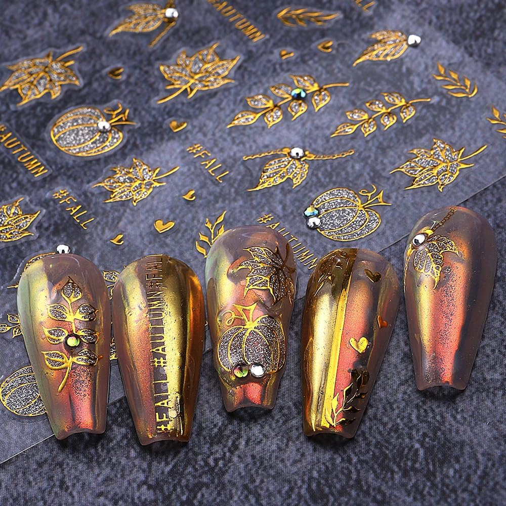 Fall Nail Art Stickers Autumn Maple Leaf Nail Decals with Rhinestone 3PCS Gold Maple Leaves Pumpkin Nails Design Self-Adhesive Fall Nail Stickers for Women Thanksgiving Day Manicure Nails Decoration