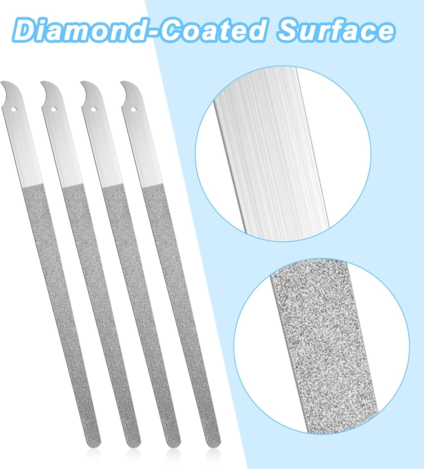 4Pcs Diamond Nail File, 8 Inch Stainless Steel Curved Tip Diamond Dust Nail File, Double Sided Abrasive for Professional Manicure Pedicure Salon Home Use